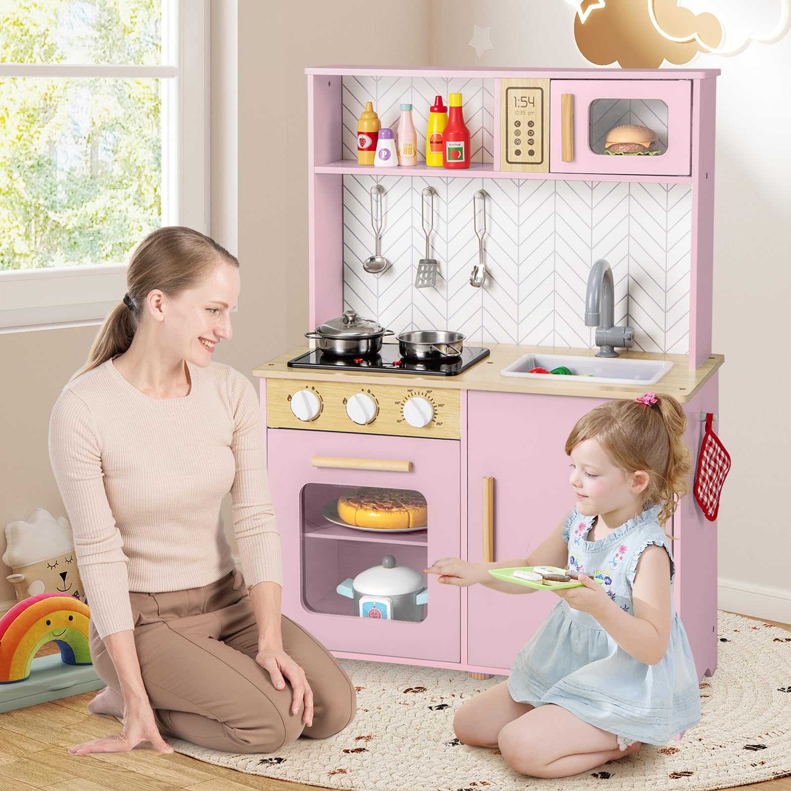 DREAMADE Cuisine Enfants en Bois, Jouets de Cuisine pour Enfants avec Micro-Ondes, Four et Évier, Pieds et Poignées, Mini Cuisine avec Sons et Lumières, Idéale pour Les Enfants de 3+ Ans (Rose)