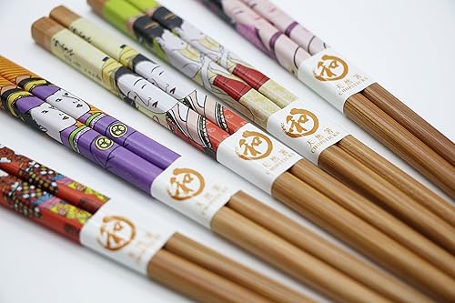 Miniatura 2 de Juego de palillos Exzact 5 pares, palillos reutilizables de bambú natural en una hermosa caja negra hecha a mano, decorado al estilo japonés