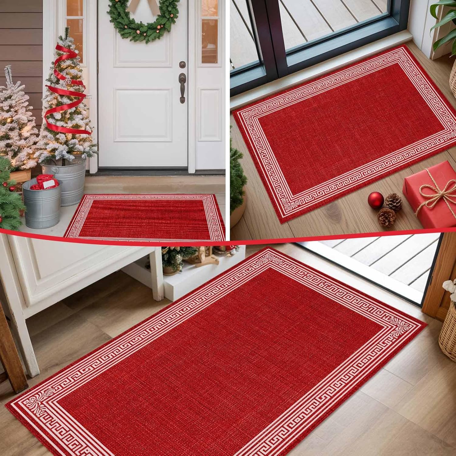 Christmas Red Front Door Mat Indoor Entrance, Geometric Greece Key Vintage Linen Non Slip Doormat Absorbent Resist Dirt Floor Mats Washable Low Profile Farmhouse Inside Rugs for Entryway, 16''x24''