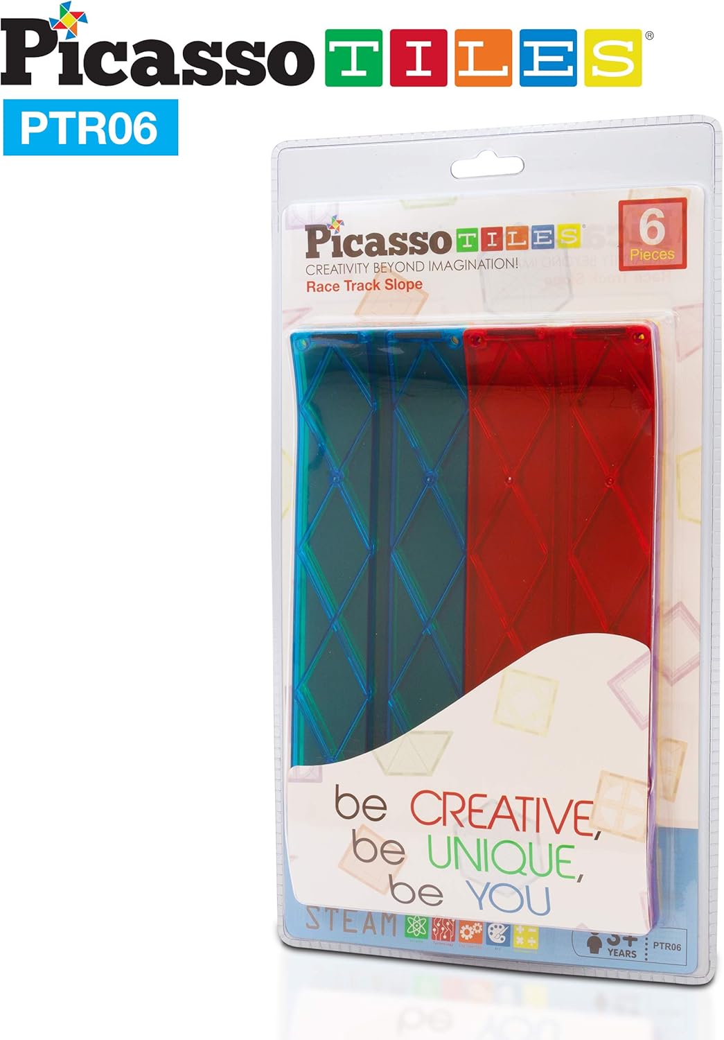 PicassoTiles 100PC Magnetic Race Car Track + 3 LED Light Up Truck Cars + 6PC Expansion Ramp Tiles Mega Bundle: STEAM Learning, Enhance Construction Skills, Hand-Eye Coordination and Fine Motor Skills