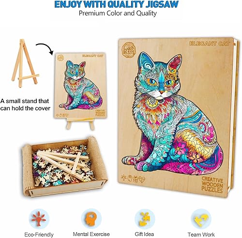 Miniatura 6 de Rompecabezas de madera para adultos, rompecabezas de madera de gato con formas únicas de rompecabezas de animales y caja de rompecabezas de madera,
