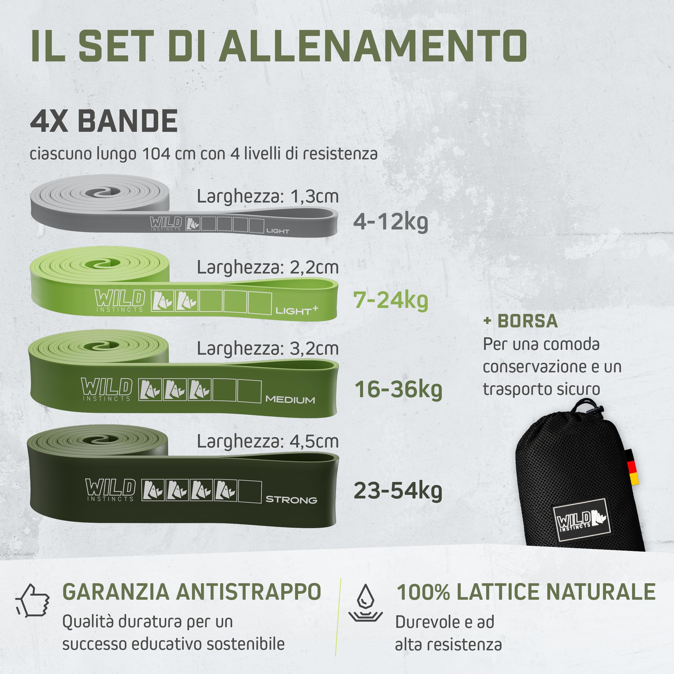 Wild Instincts® Elastico per trazioni con borsa/Bande Elastiche Fitness/Elastici Fitness/Bande Resistenza Fitness/Elastici Trazioni/Set Elastici Fitness/Come Set o Singolarmente