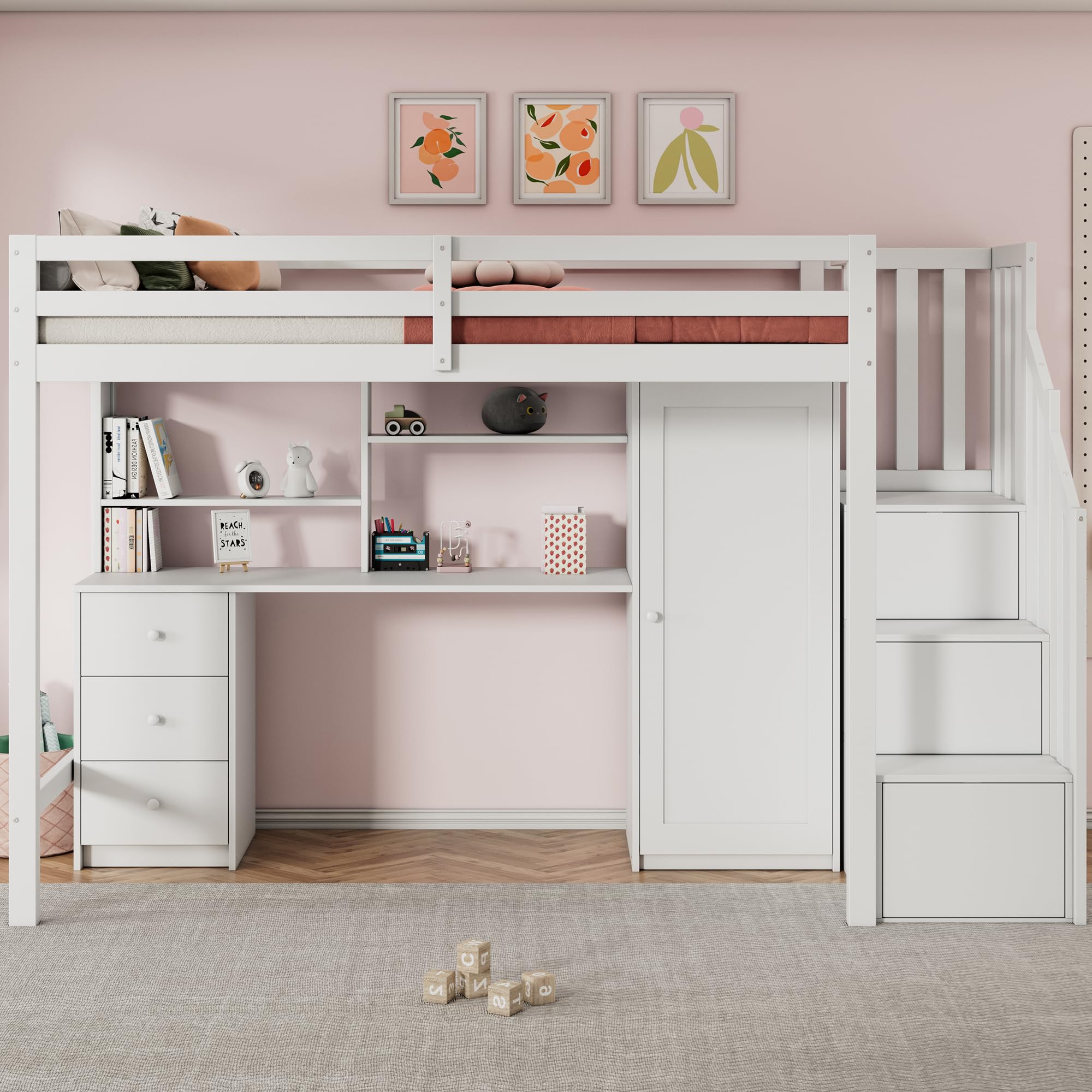 Letto a castello 90 x 200 cm con scrivania e armadio, scala, letto a soppalco multifunzionale per bambini, dotato di cassetti e ripostiglio a scala, ampio spazio di archiviazione, senza