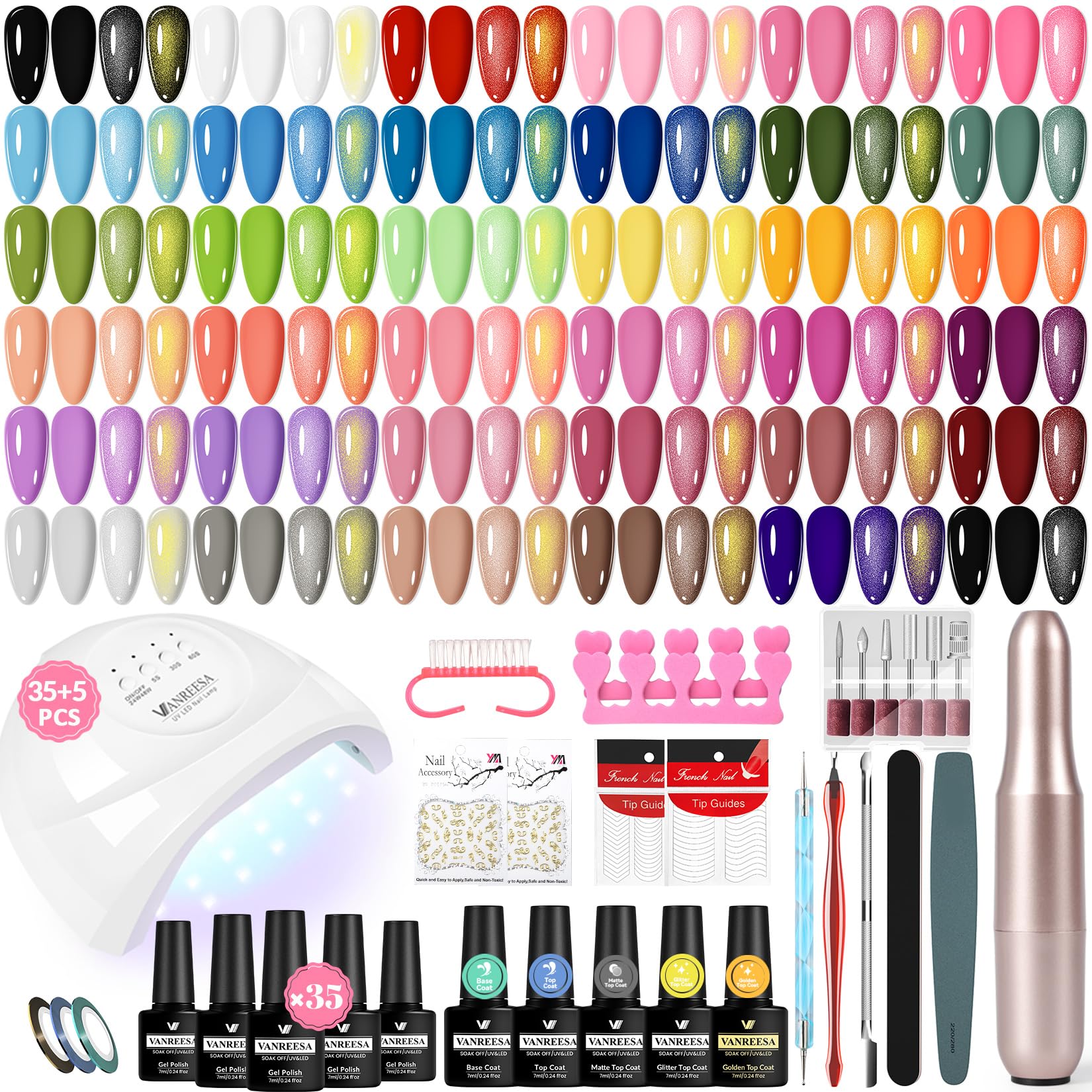 VANREESA Kit Semipermanente Unghie, 35 Colori Kit Unghie Gel Completo con Top Base Opaco Brillantini Coat Lampada U V Led e Strumenti per Manicure, Set Manicure per Principianti
