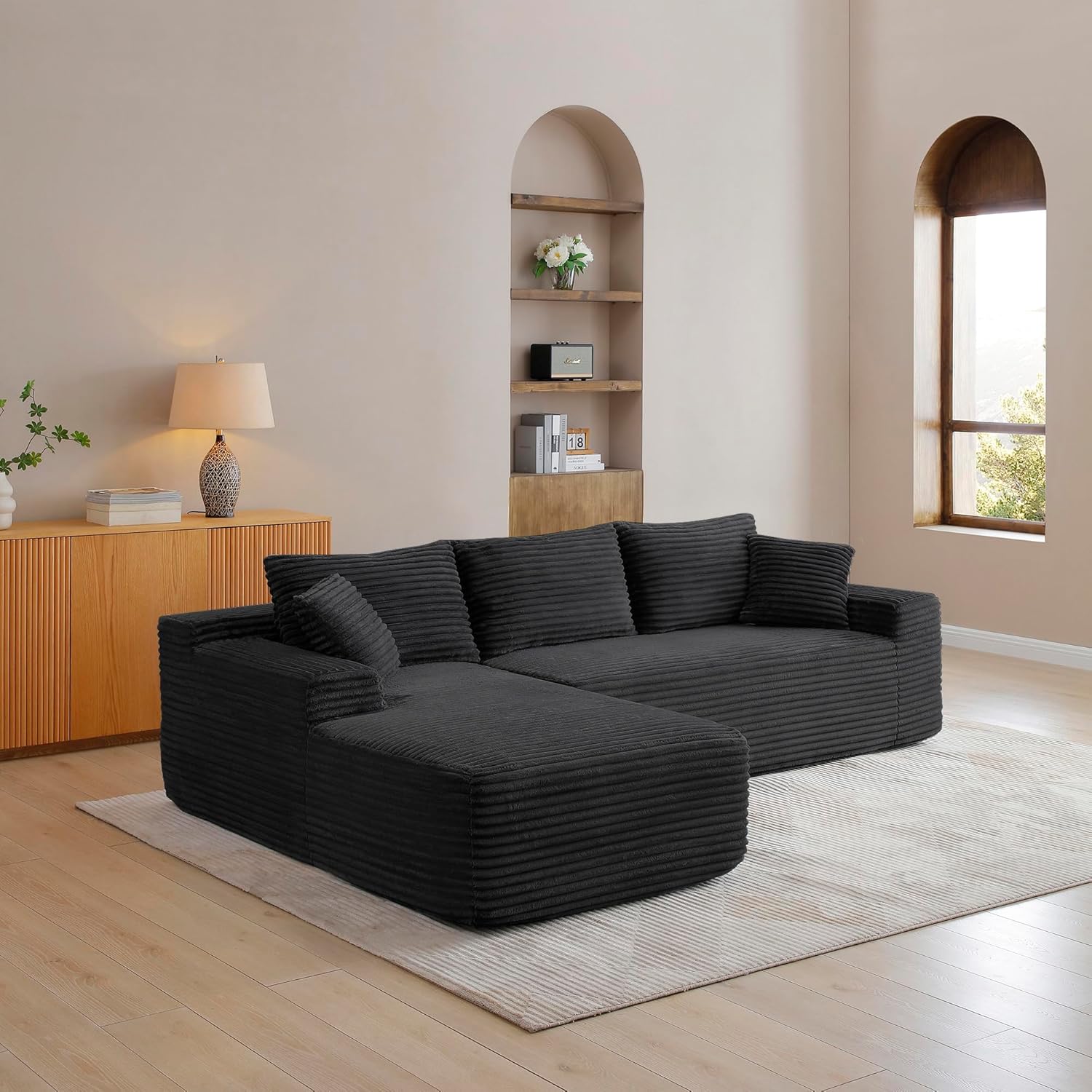 105-Inch L-Shaped Left Facing Corner Compressed Sofa Modular Sectional Boneless Cloud Sofa Floor Foam Couch with Chaise Lounge, Corduroy Corner Boneless Cloud Couch