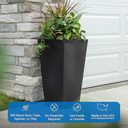 Vista 5 de Step2 Tremont Tall Square Tapered Planter, Large Planters for Outdoor Plants, Gardening and Flower Pot for Patio or Porch, Efficient Drainage, Negro