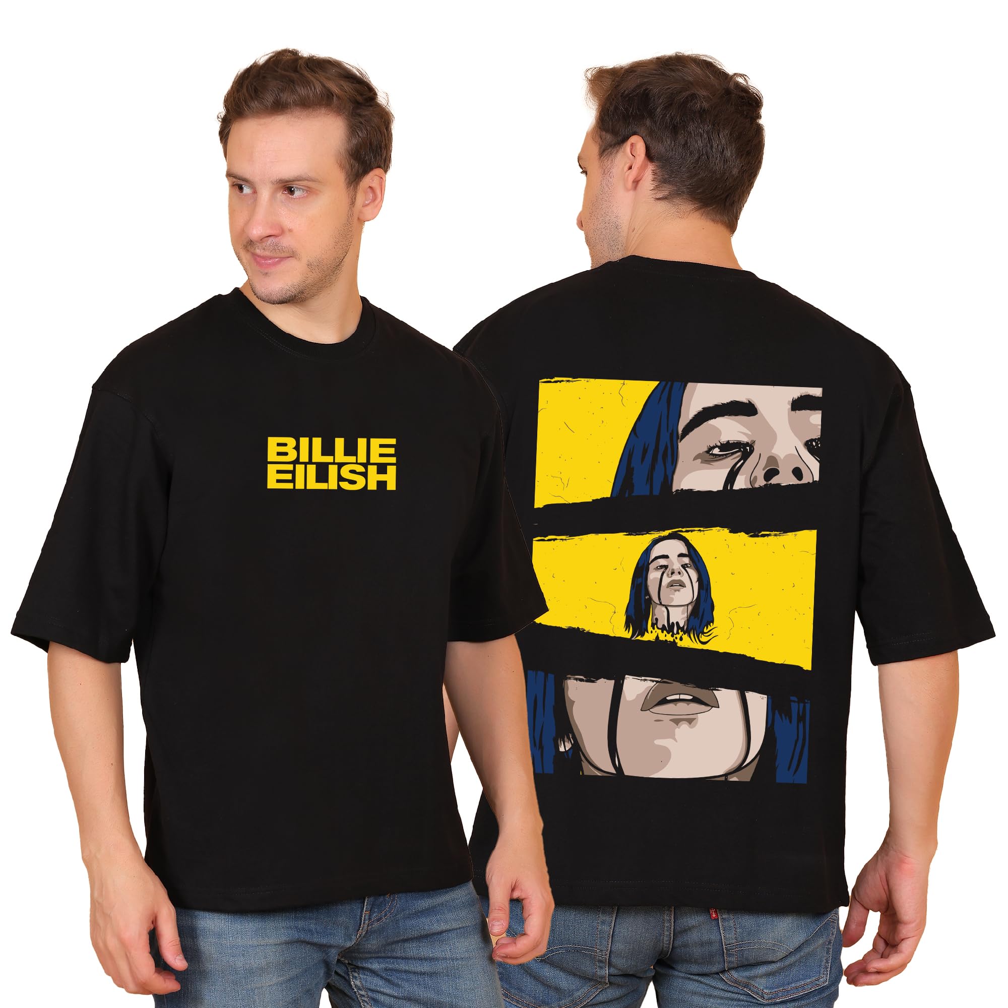 Billie Eilish Yellow Portrait Oversized Black Tshirt for Men and Women Music Merchandise Drop Shoulder Unisex Pure Cotton Baggy Loose Fit T-Shirts-image-1