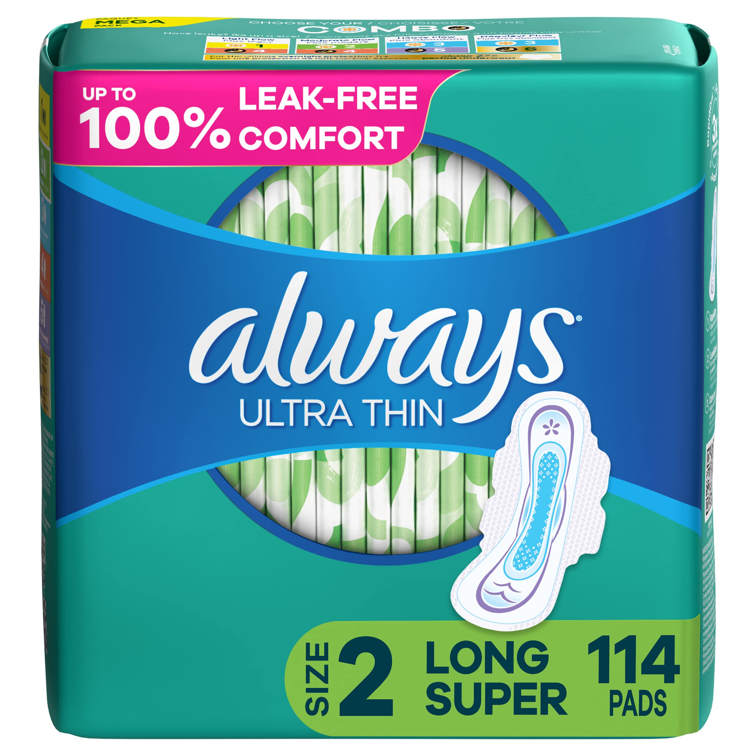 AlwaysUltra Thin Daytime Pads with Wings, Size 2, Long Super, Unscented, 114 CT
