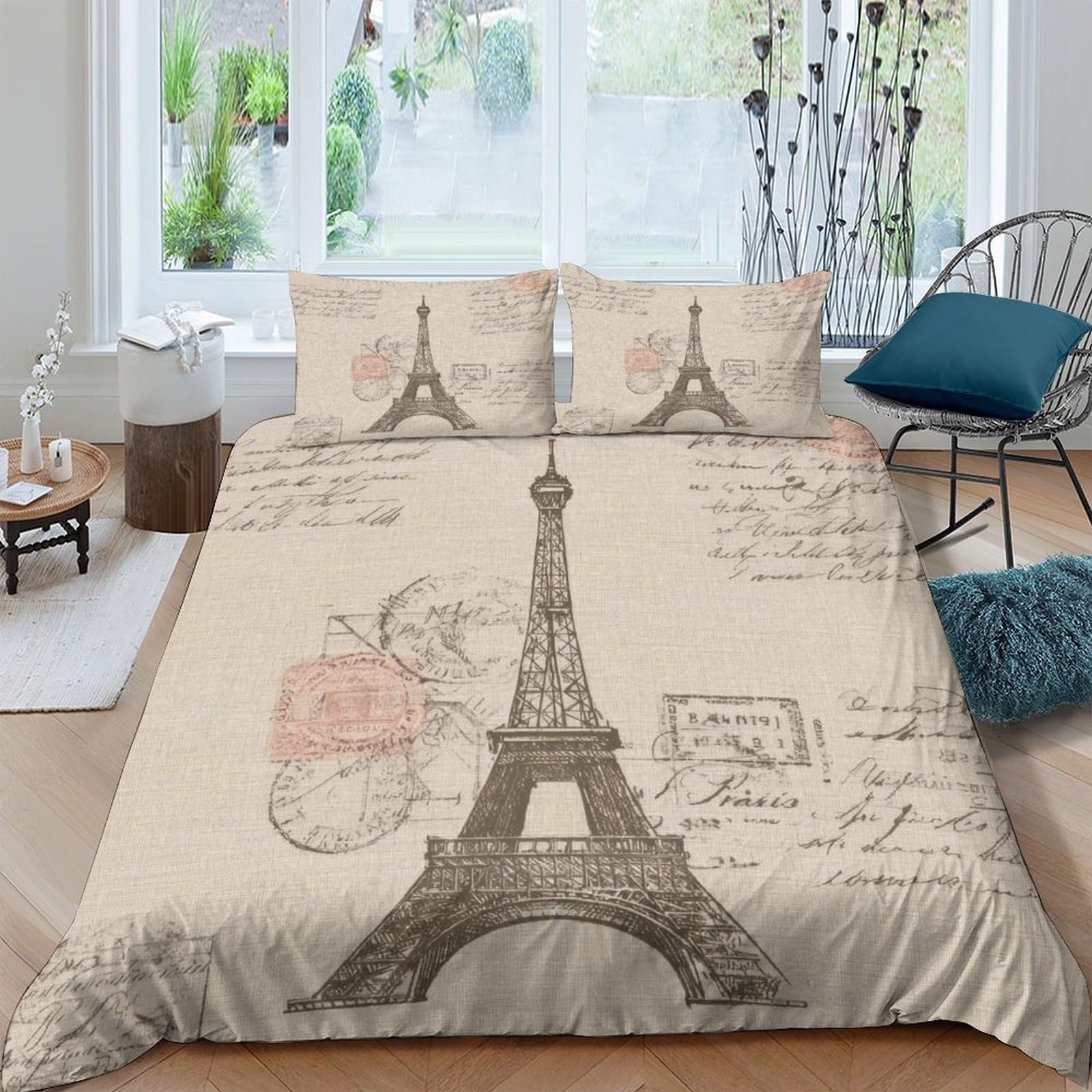 Ctjqhvkz Style-2 3D Printed Eiffel Tower Fitted Sheet Microfiber Beige Paris Letter Mattress Cover Bedroom Decor For Home Guestroom Single（135X200cm）