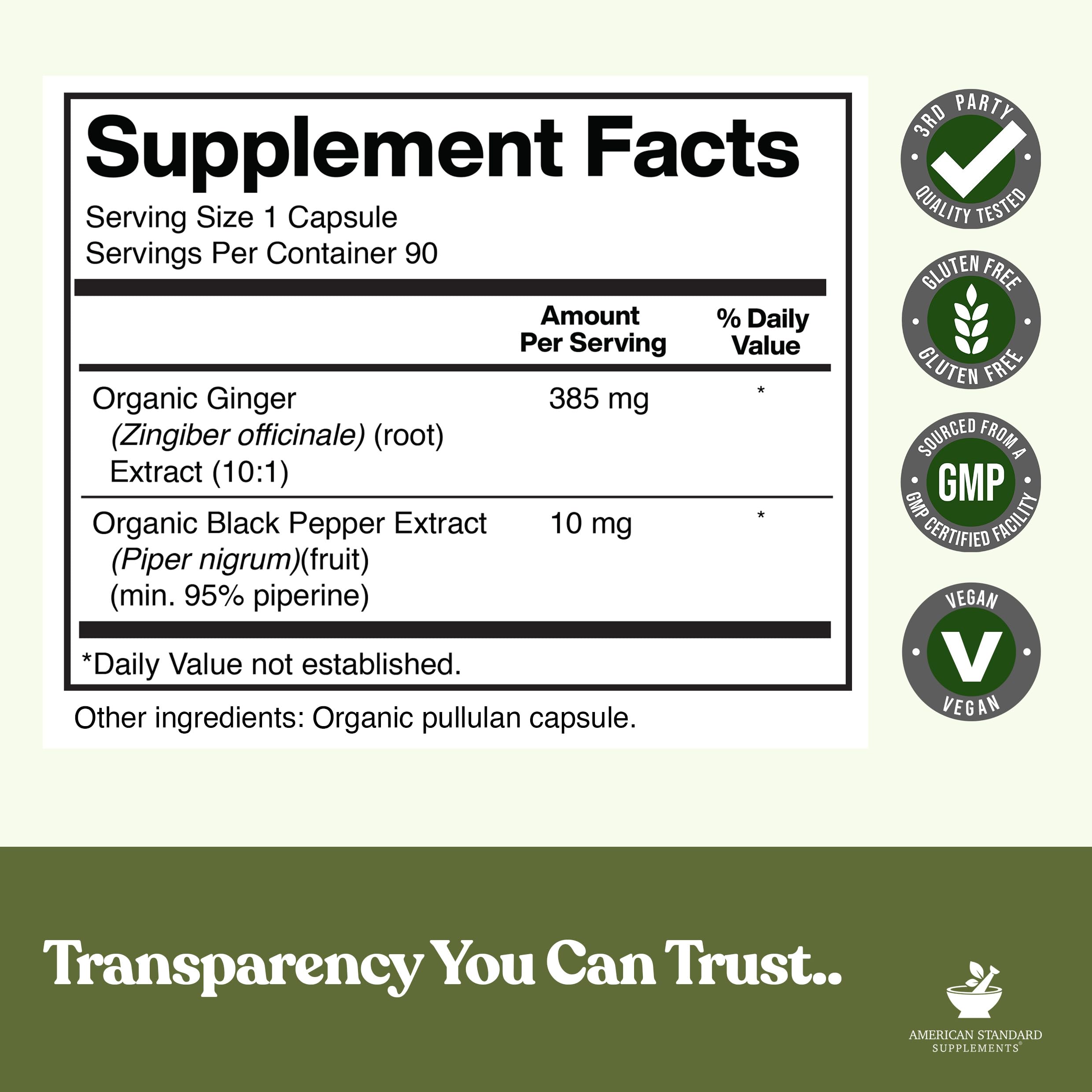 American Standard Supplements Organic Ginger Extract with Organic Black Pepper Extract, Vegan, Gluten Free, Non-GMO, 90 Capsules, 90 Servings — Amazon image 2