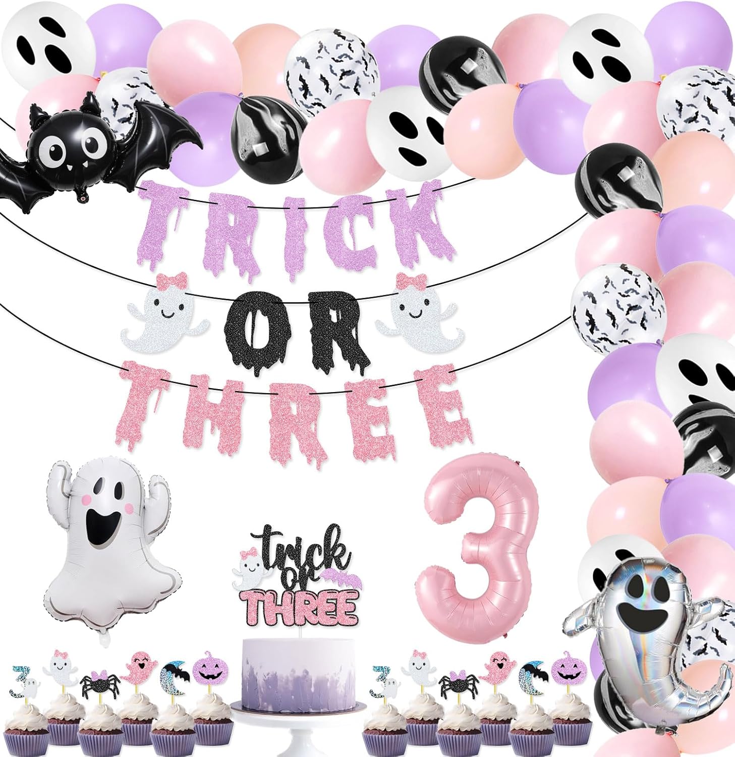 90 Pcs Trick Or Three Party Kit Trick Or Three Banner Cake Topper Halloween Ghost Bat Balloons for Pink Purle Halloween Girl Third Birthday Party Decorations