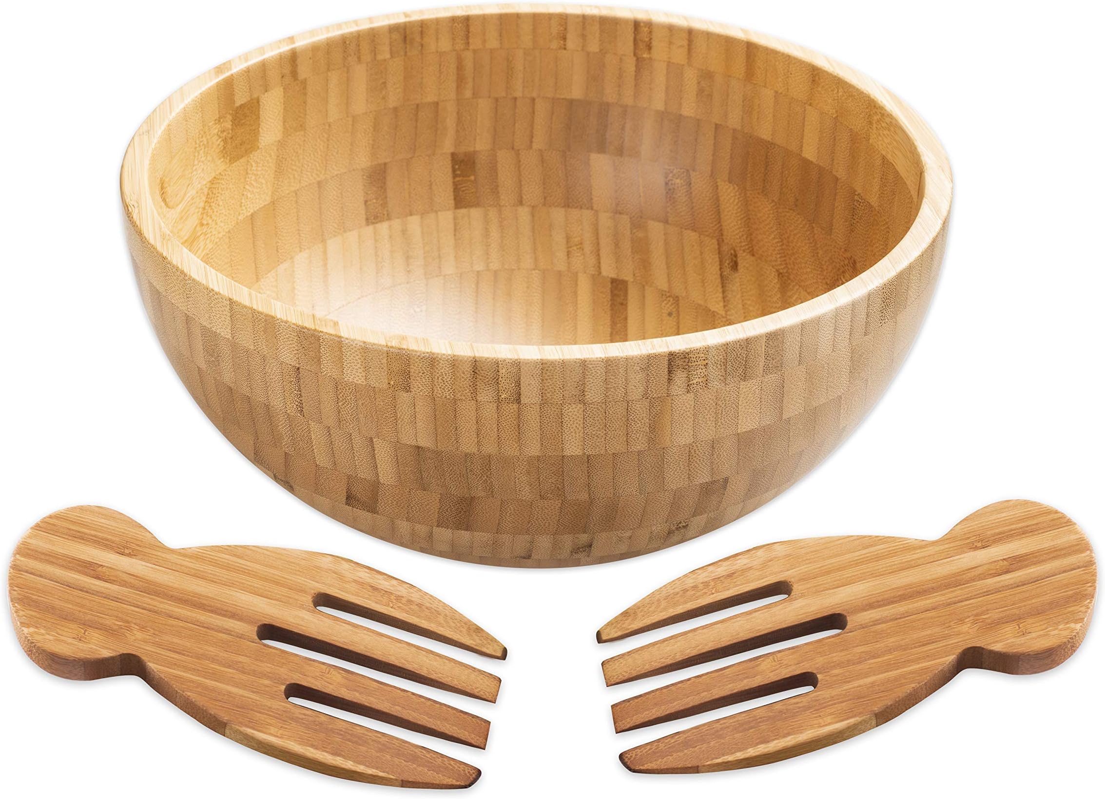 Strova Bamboo Salad Bowl with 2 Serving Utensils (3-Piece Set) Big, Natural Wood Dishware | Serve Chopped Veggies, Fruit, Snacks, Appetizers | Versatile Kitchen Use