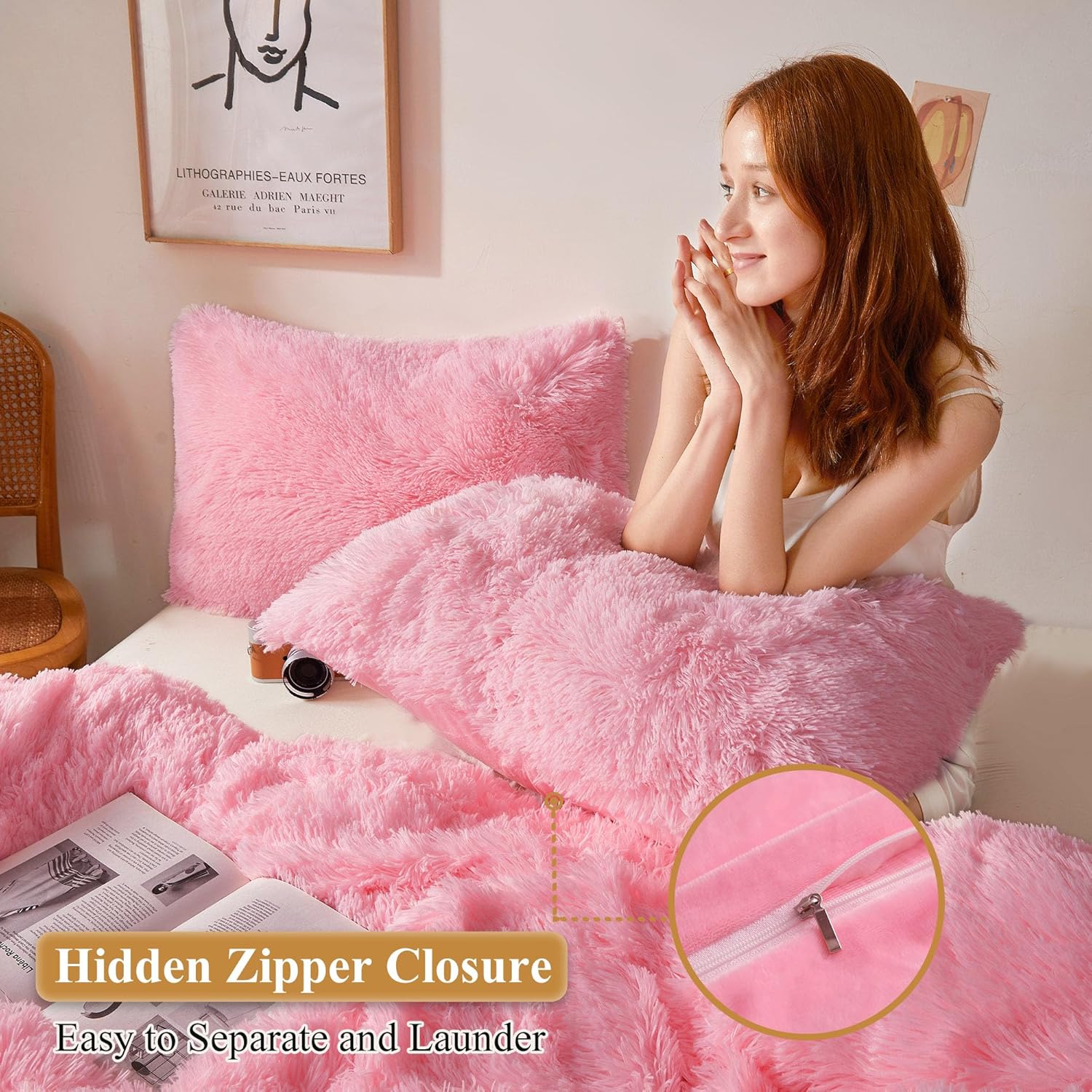 XeGe Faux Fur Throw Pillow Cases, Plush Shaggy Ultra Soft Pillow Covers, Fluffy Crystal Velvet Decorative Pillowcases, Furry Fuzzy Pillow Shams Zipper Closure, Set of 2(Standard, Light Pink) - Image 3