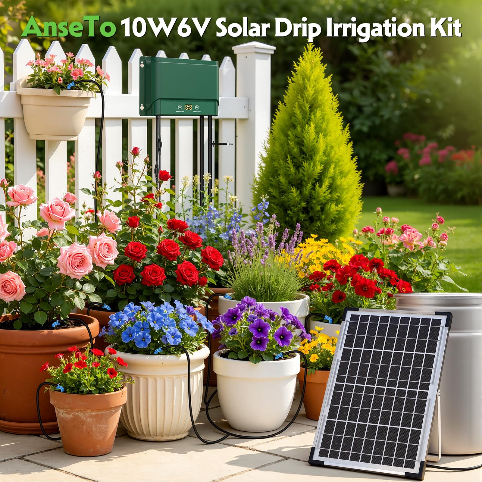 Sistema de Riego Solar para Jardín,10W Kit Riego por Goteo Automatico con Tubo de Agua Exterior, Temporizador Riego por Goteo Solar para Vacaciones Terrazas de Balcones Macetas Césped Plantas