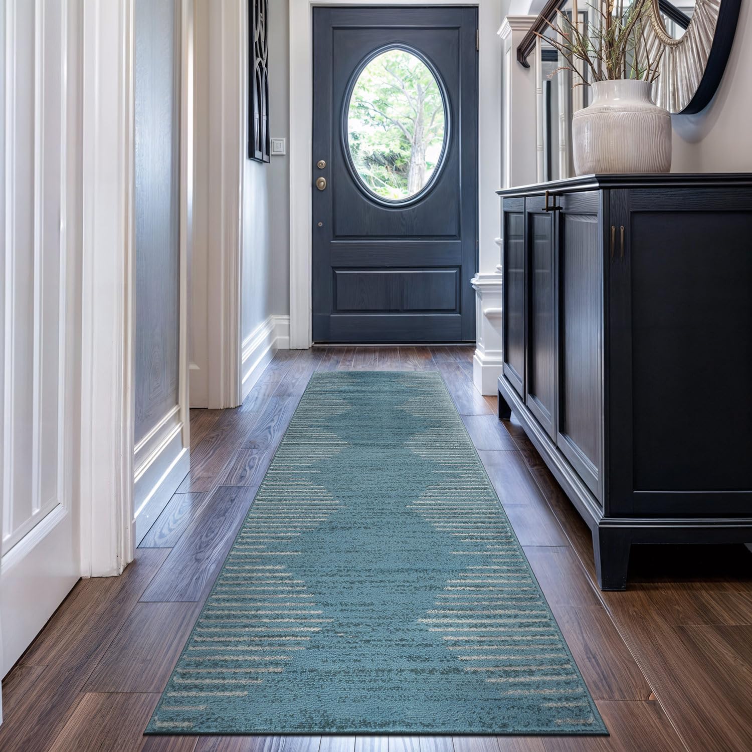 Blue Geometric Stripe Polypropylene Runner Rug with Jute Backing