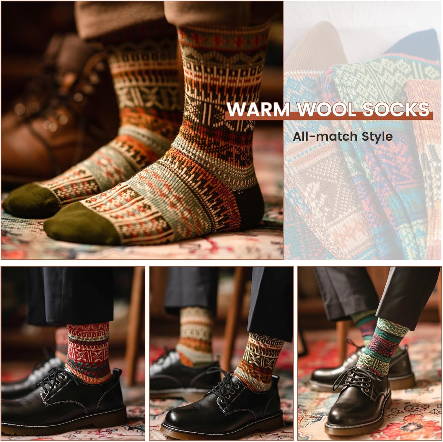 Luckit 6 Pairs Warm Wool Cotton Socks for Men and Women, Winter Nordic Cabin Socks Men, Unisex Knit Cozy Vintage Crew Socks - Image 5