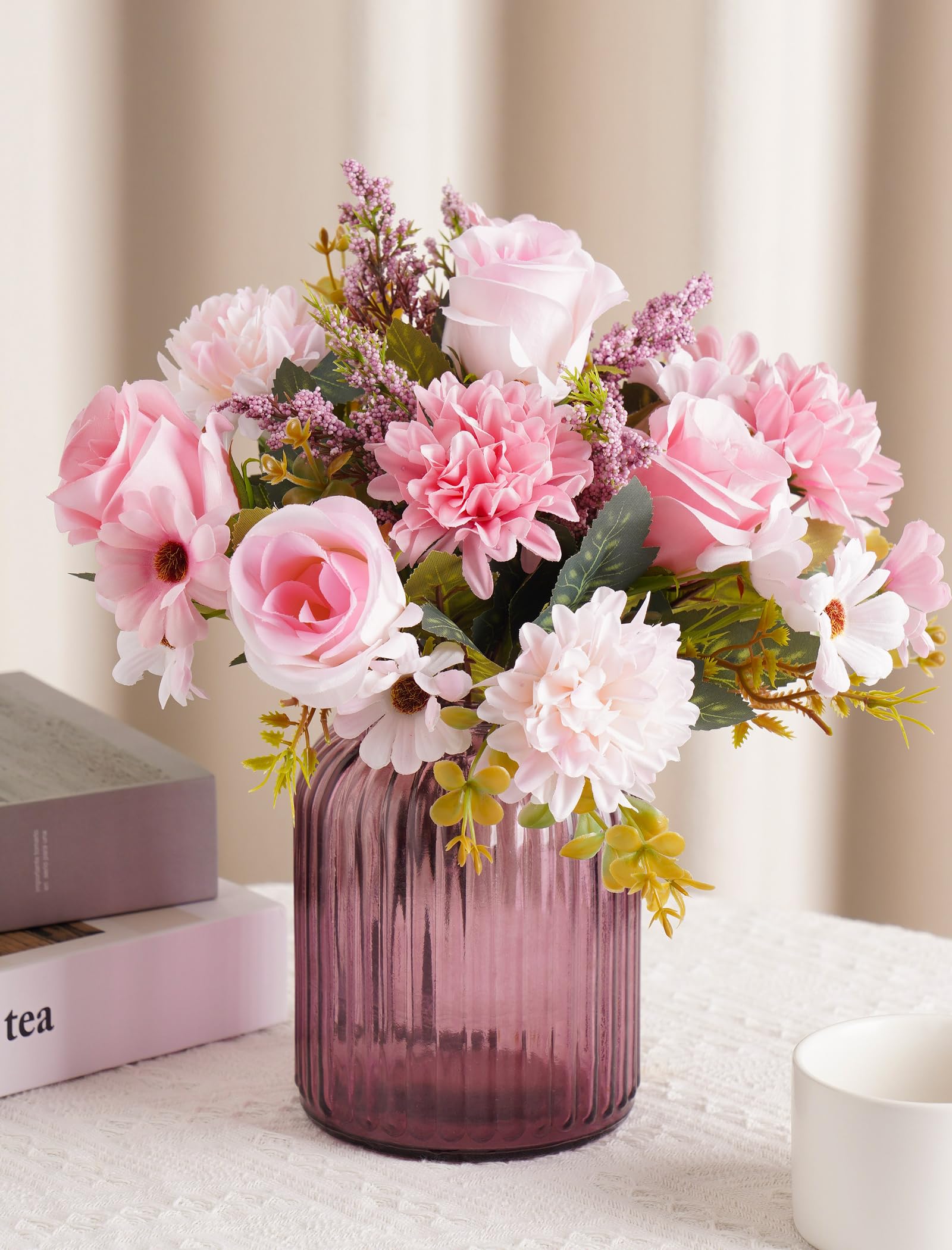 NiHome 2 Bunches Pink Silk Artificial Flowers Bouquet for Home DΓ©cor, Roses, Chrysanthemums & Sunflowers Arrangement with Flexible Stems, Wedding Table Centerpieces