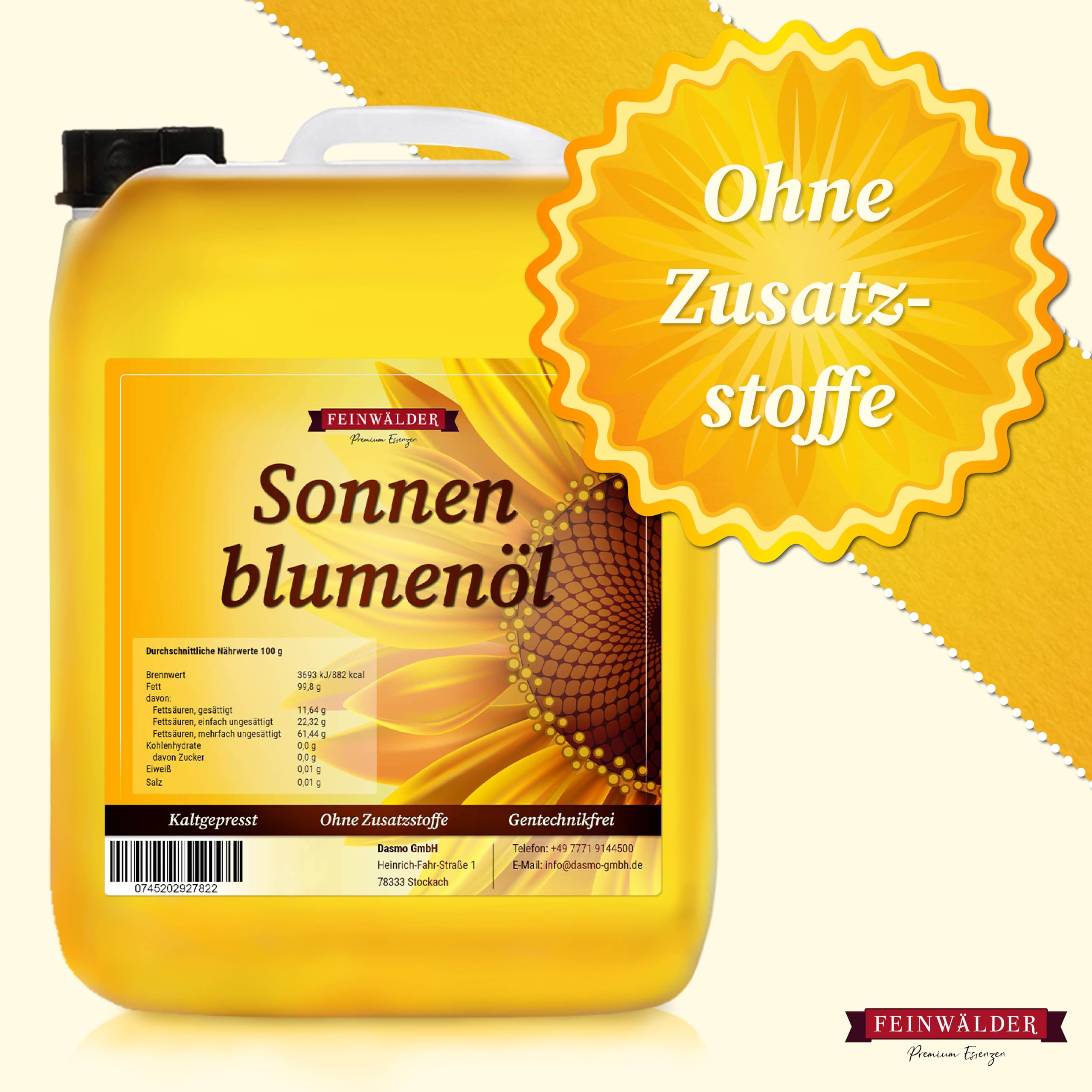 Feinwälder® Premium Sonnenblumenöl 5 Liter Kaltgepresst/reines, hochwertiges Speiseöl/nativ, ungefiltert und ohne Zusatzstoffe/milder Geschmack