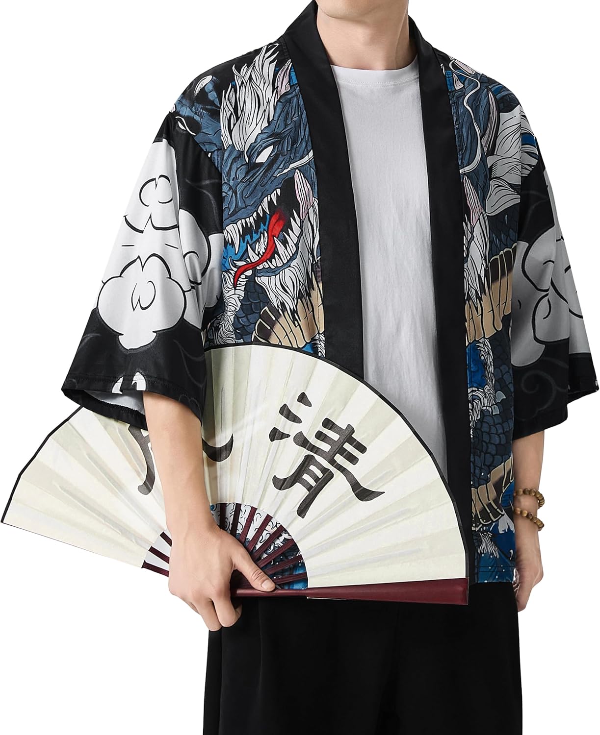 PRIJOUHE Mens Kimono Robe Jacket 3/4 Sleeve Open Front Japanese Shirt Bathrobe Lightweight Coat - Image 6