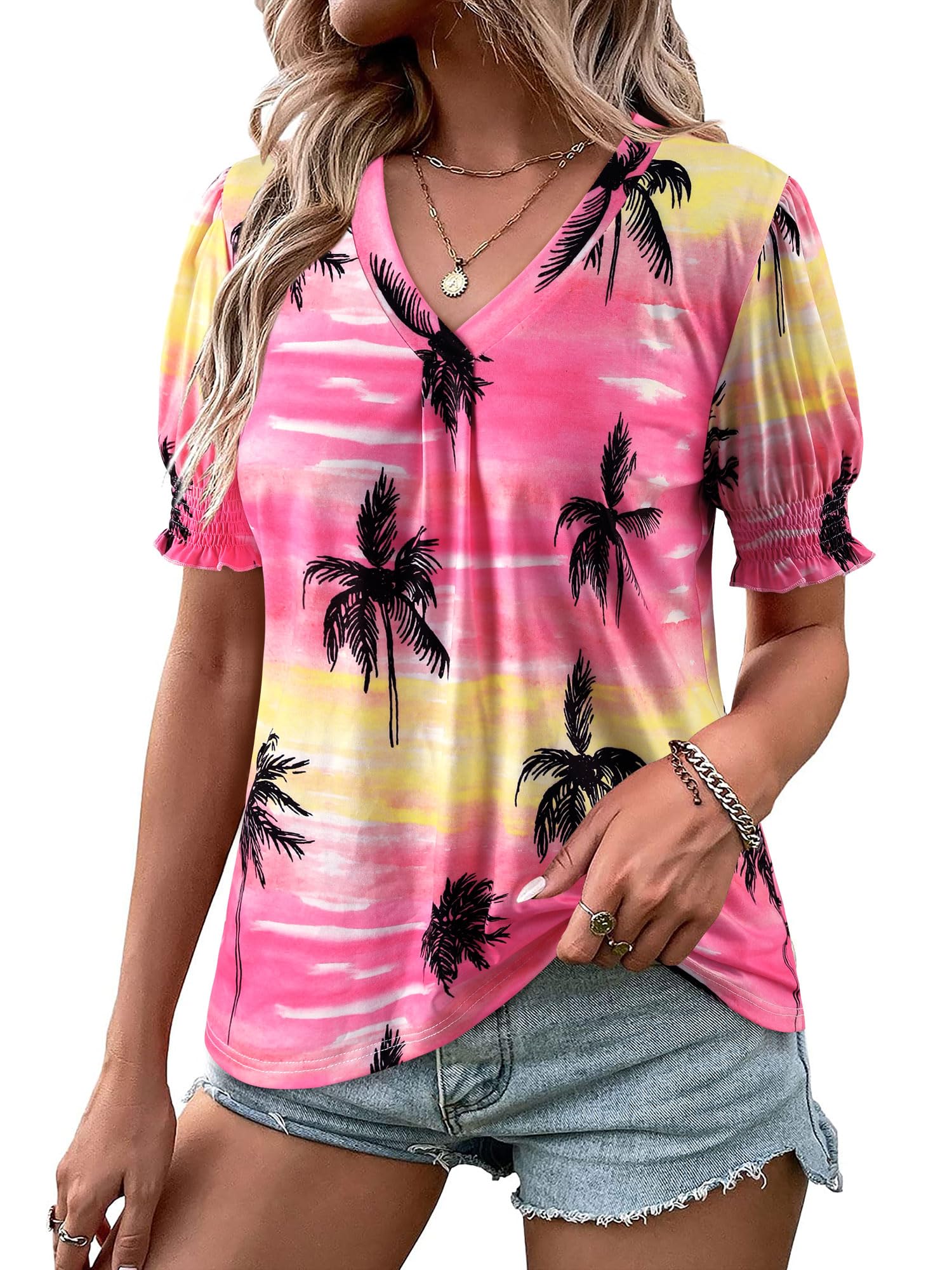 ZXZY Women Ruffle Short Sleeve Pleated V Neck Floral Print Hawaiian Shirts Blouse Tops