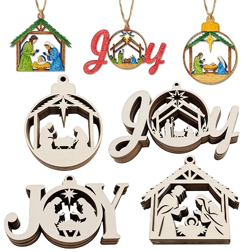 40 Pack Nativity Scene Wooden Ornaments for DIY Crafts Unfinished