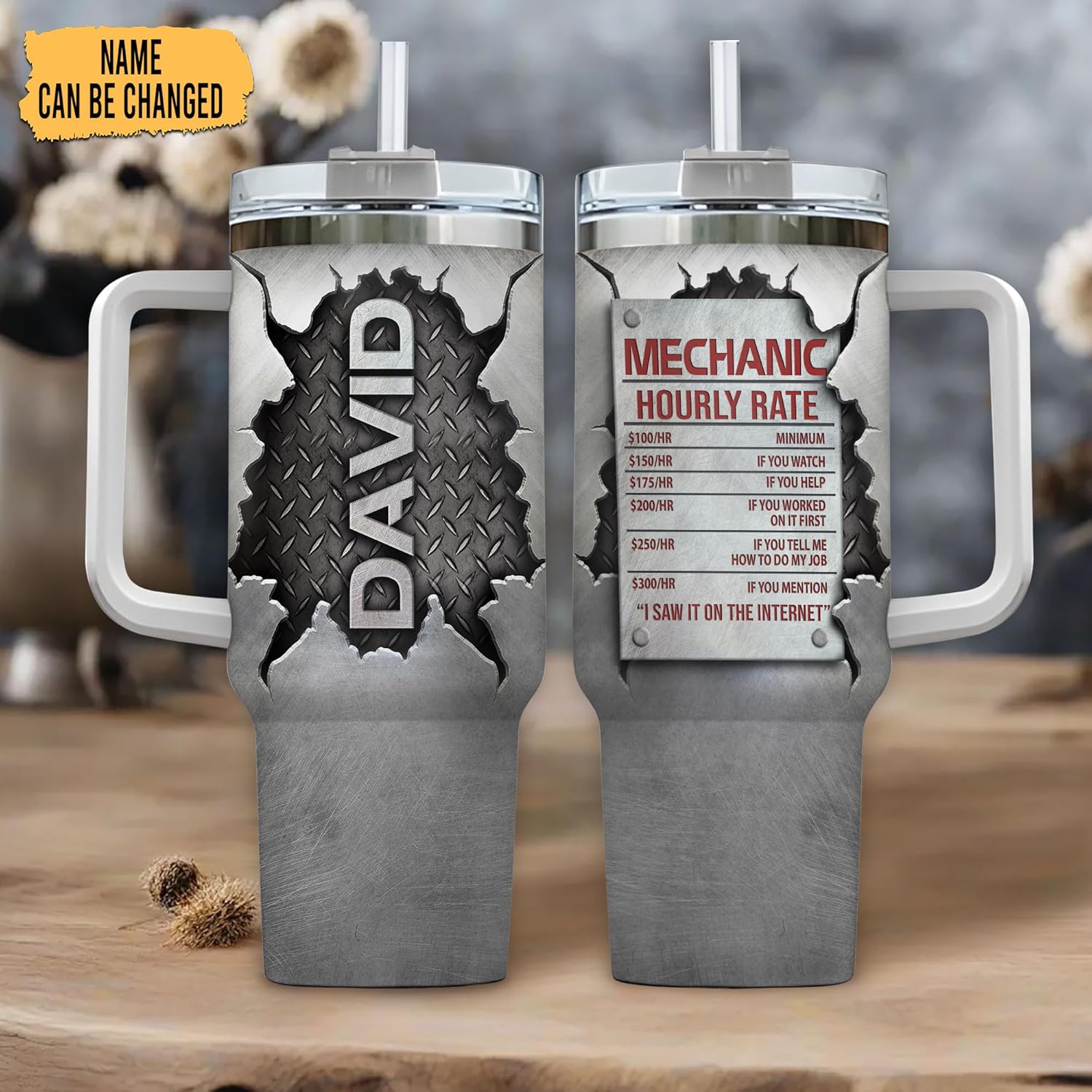 Hyturtle Personalized Mechanic Gifts For Men Tumbler 40 oz with Handle and Straw - Mechanic Nutrition Facts Custom Name Stainless Steel Travel Coffee Cup - Gifts For Dad Grandpa Man On Birthday