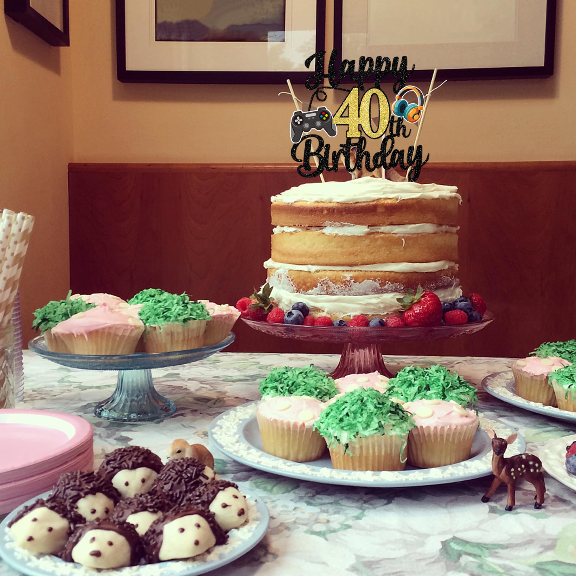 Topper Per Torta 40° Compleanno Tema Videogiochi - Glitterato Happy 40th Fabulous