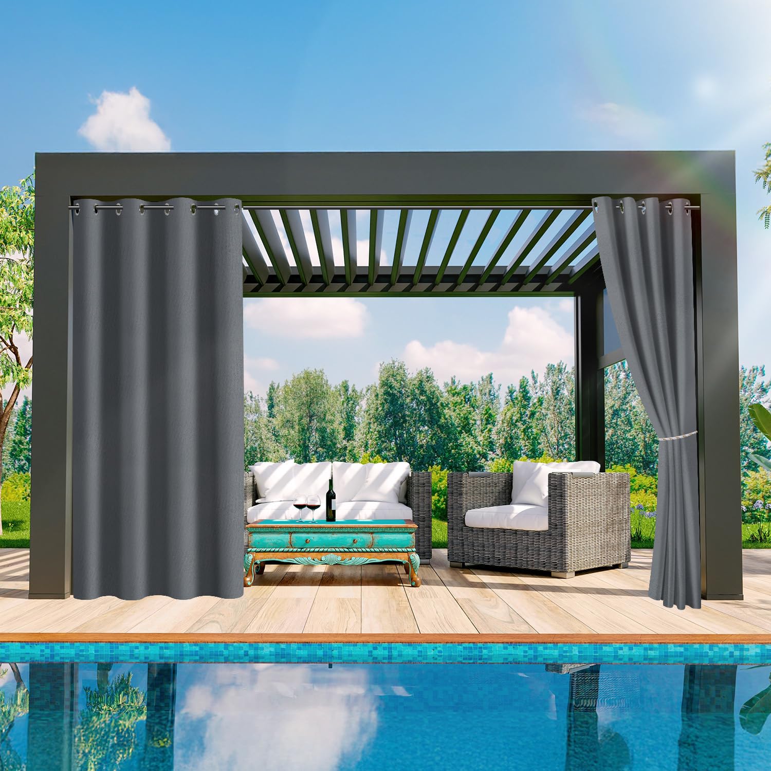 Garden Outdoor Vorhang Wetterfest, Outdoorvorhänge mit 213x132CM(HöhexBreite) Ösen(1.6 inch), Vorhang Sichtschutz Sonnenschutz für Terrasse, Balkon, Pavillon, Vorhang Grau, 1 Stück