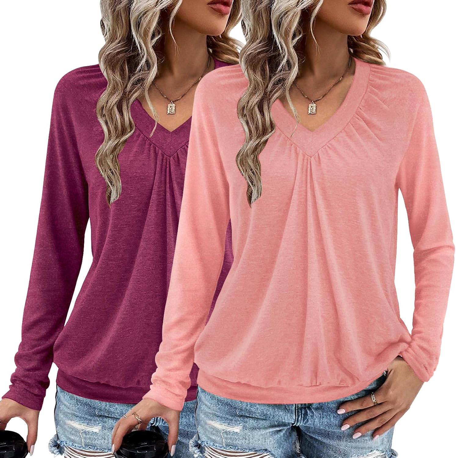 AIZHINENG 2 Pack Women Tops Long Sleeve Shirts V Neck Loose Fit Soft Casual Solid Color T-Shirts Fall Clothing