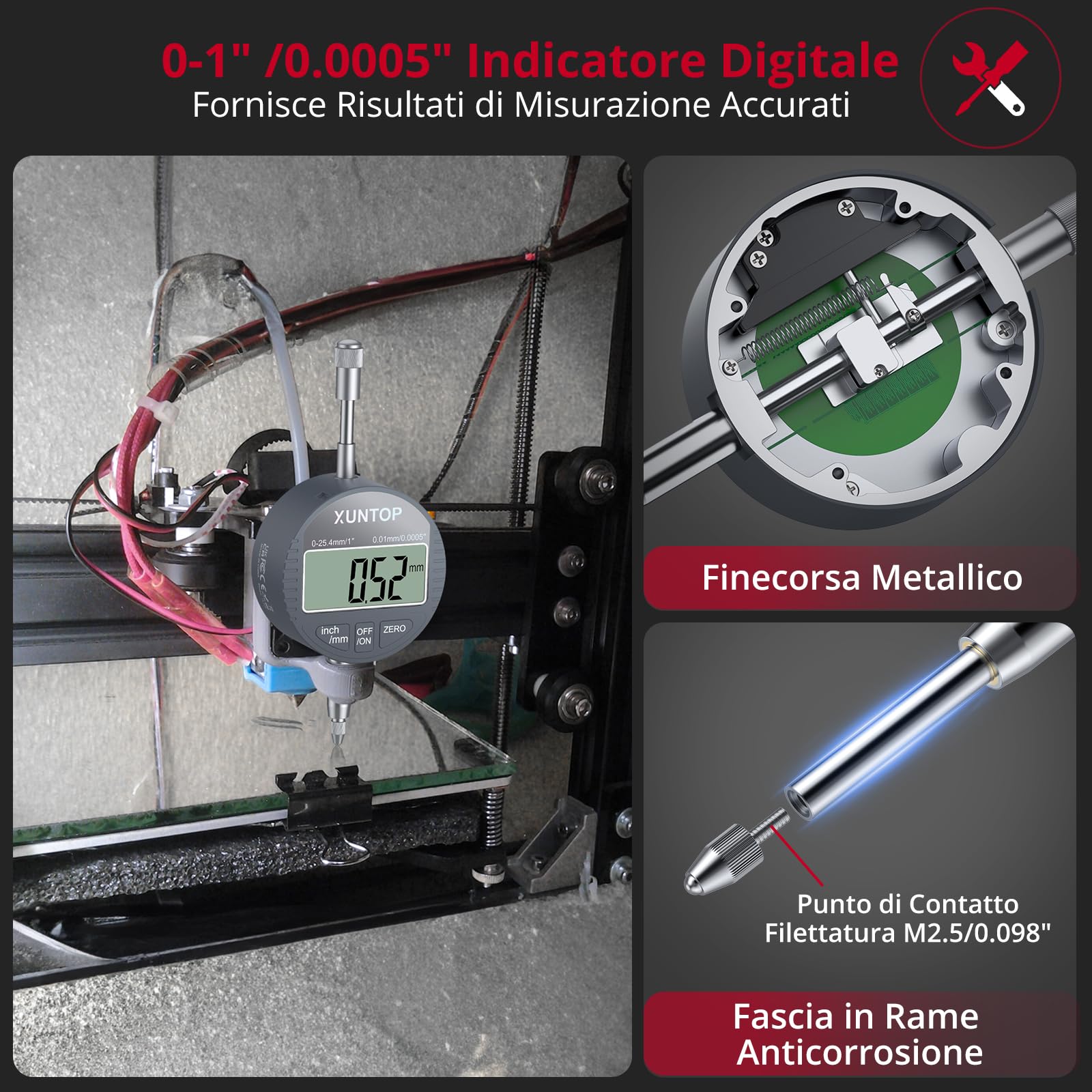 XUNTOP Comparatore Centesimale 0-25,4 mm con Base Magnetica 132lbs/60kg, Digital Dial Indicator 1inch/0.0005inch con Display LCD di Conversione Pollici/metri per Tornio, Stampante 3D, CNC, Industriale