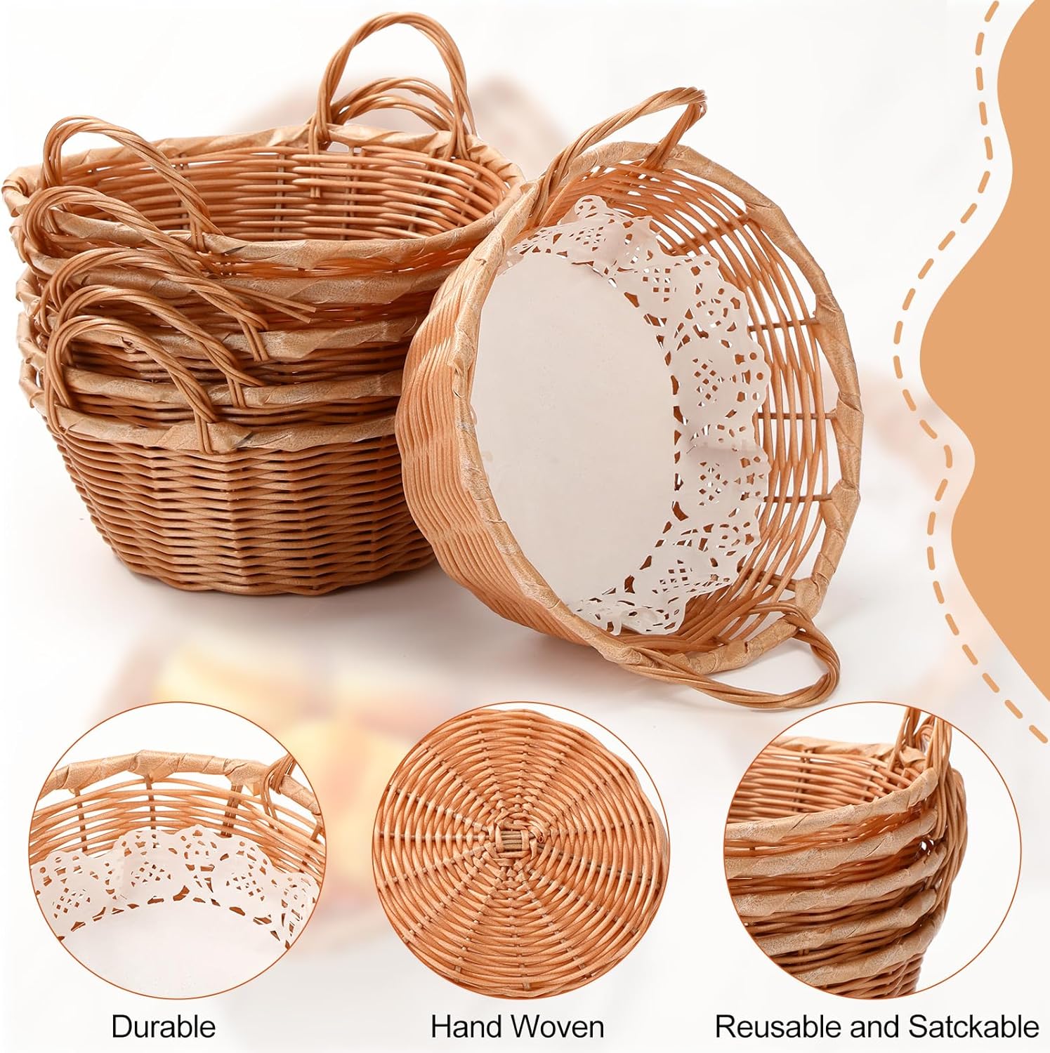 Tioncy 6 Pack Plastic Wicker Bread Basket with 50 Paper Liners Round Chips Food Storage Fruits Baskets Gift Empty for Food Serving Kitchen Thanksgiving Christmas Restaurant Party Display