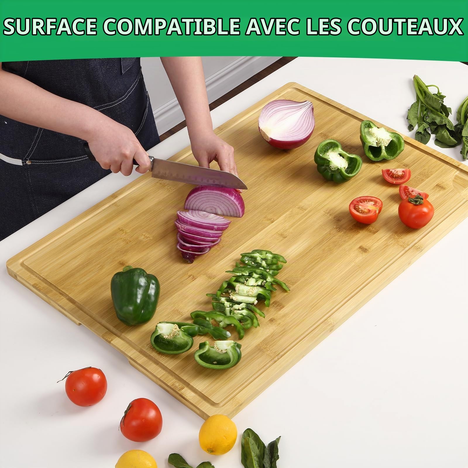 Planche à découper en bois - 76 x 51 x 2 cm - En bambou - Avec poignées et rainure profonde - Idéale pour les couteaux - Rectangulaire - Utilisable des deux côtés - Pour viande, légumes et pain