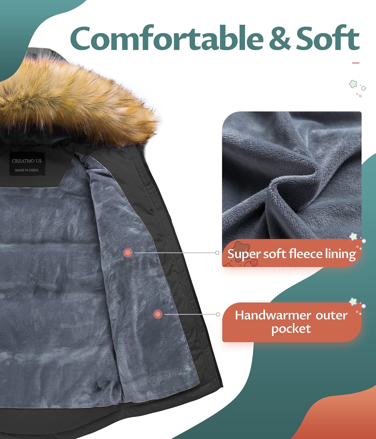 CREATMO US Boy's Winter Parka Water Resistant Hooded Puffer Fleece Lined Jackets Coats - Image 3