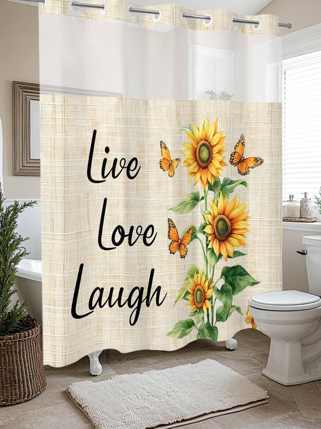 Savannan No Hook Shower Curtain with Snap in Liner, Sunflower Butterfly Summer Waterproof Fabric Bathroom Curtain Mesh Top Window Washable Vintage Farm Flower 72" x 72"