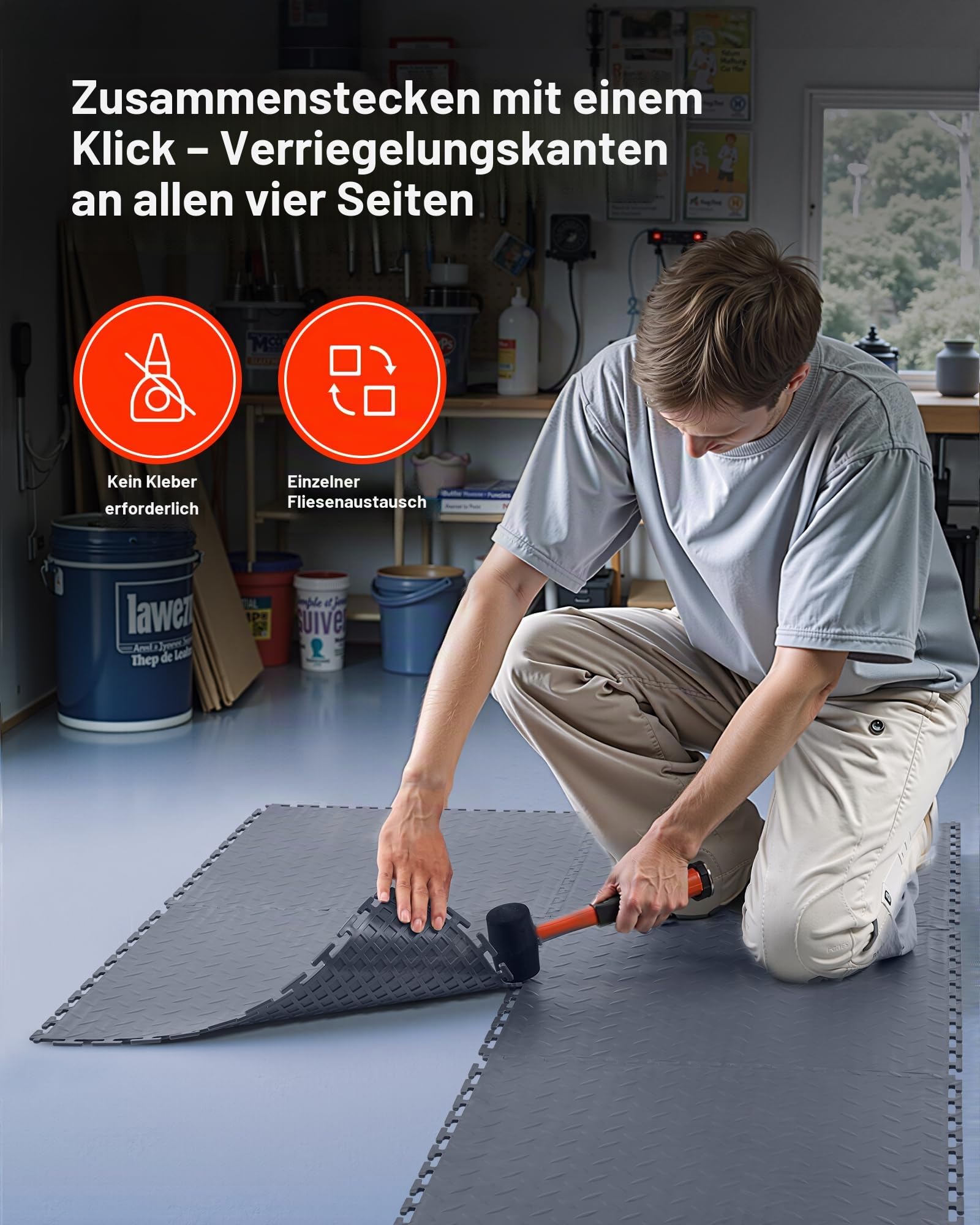 VEVOR PVC Garagenboden, 8er-Pack 513x513x5 mm, Werkstattboden, Industrieboden, Klick Verlegung, rutschfeste PVC-Matten mit Diamantplatte für Werkstatt, Lager, Werkzeugraum, Graphitgrau