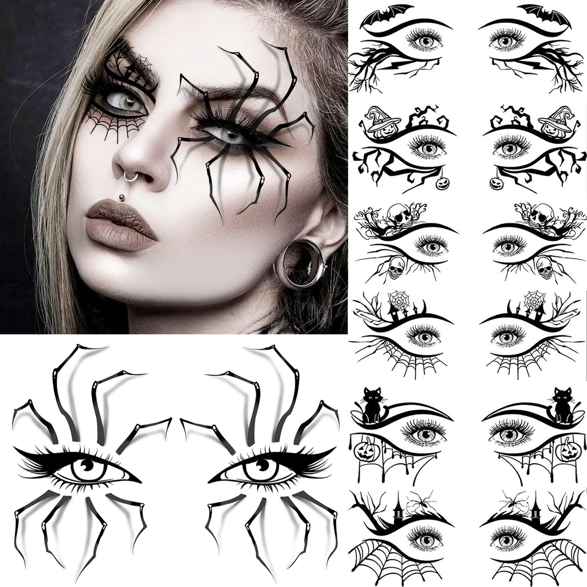 7 Sheets Halloween Eye Shadow Temporary Tattoos for Women Men Kids Adults Scary Face 3D Spider Web Tattoo Stickers