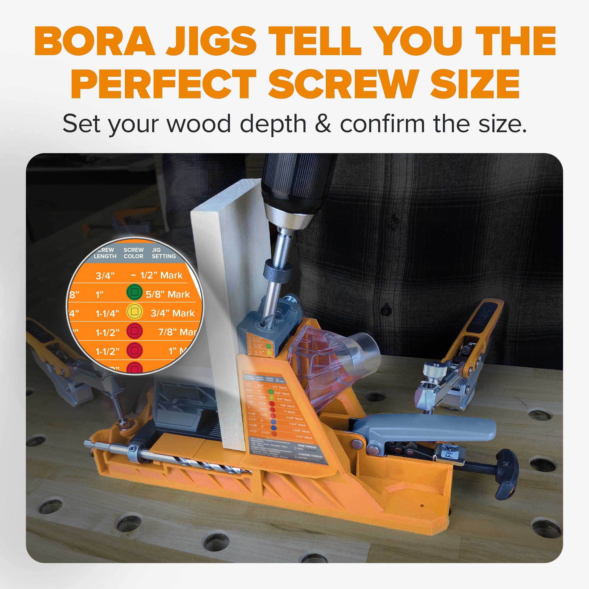 BORA Plantilla automática de agujero de bolsillo con 50 tornillos recubiertos de color, guía de taladro de ajuste automático, kit de plantilla de agujero de bolsillo para carpintería, para materiales