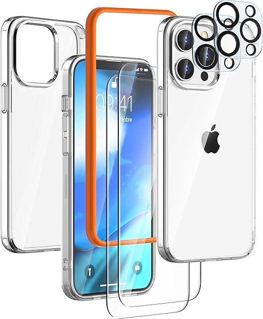 Embeo [5 in 1] for iPhone 14 Pro Max, Phone Case + 2 Screen Protector + 2 Camera Lens Tempered Glass Protectors [Military Grade Shockproof] Clear Hard Back Slim Protective [Non Yellowing] Cover - 6.7
