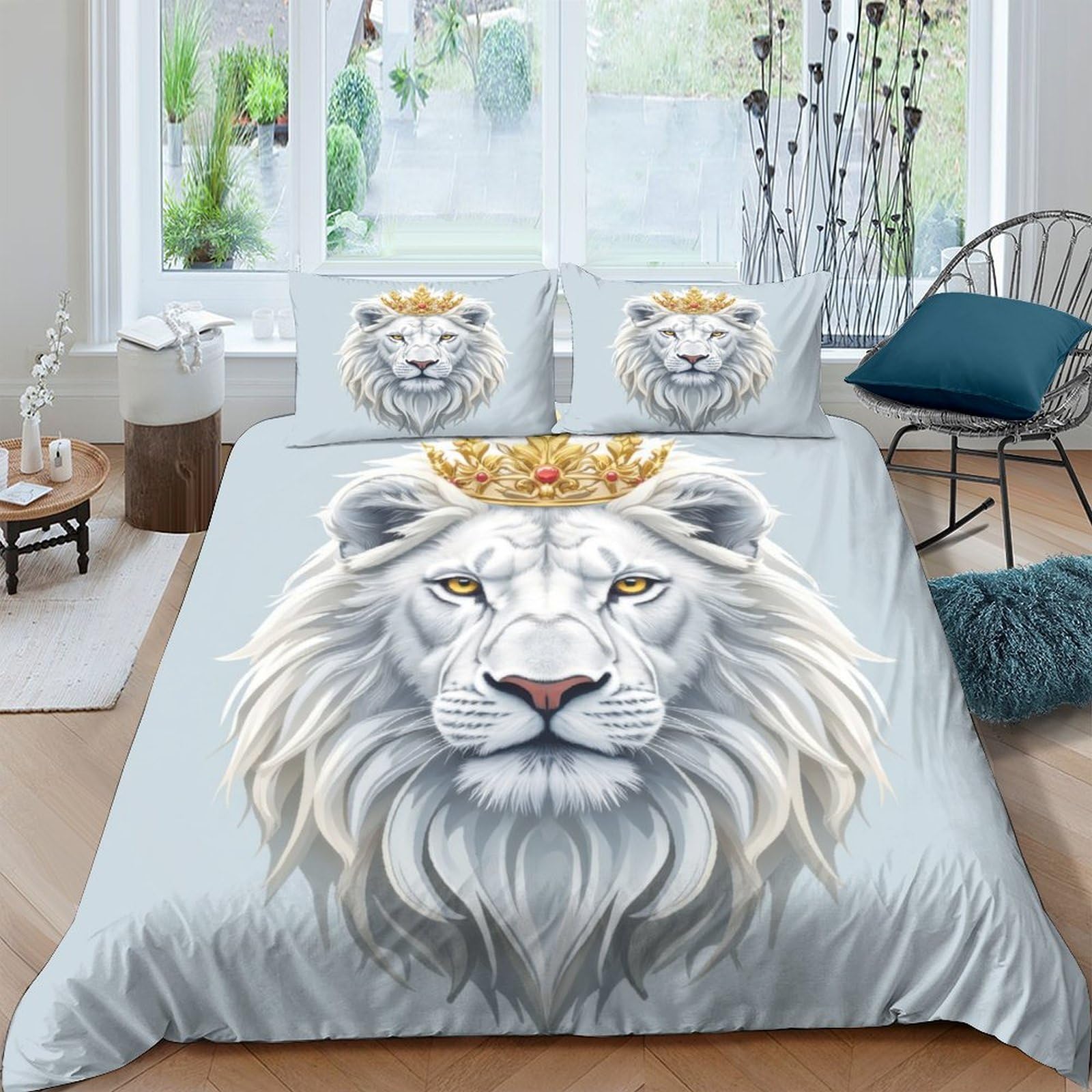 Ctjqhvkz Style-6 3D Printed White Lion King Fitted Sheet Microfiber Soft Bedroom Decor Golden Crown Bed Cover For Adults Teens Single（135X200cm）