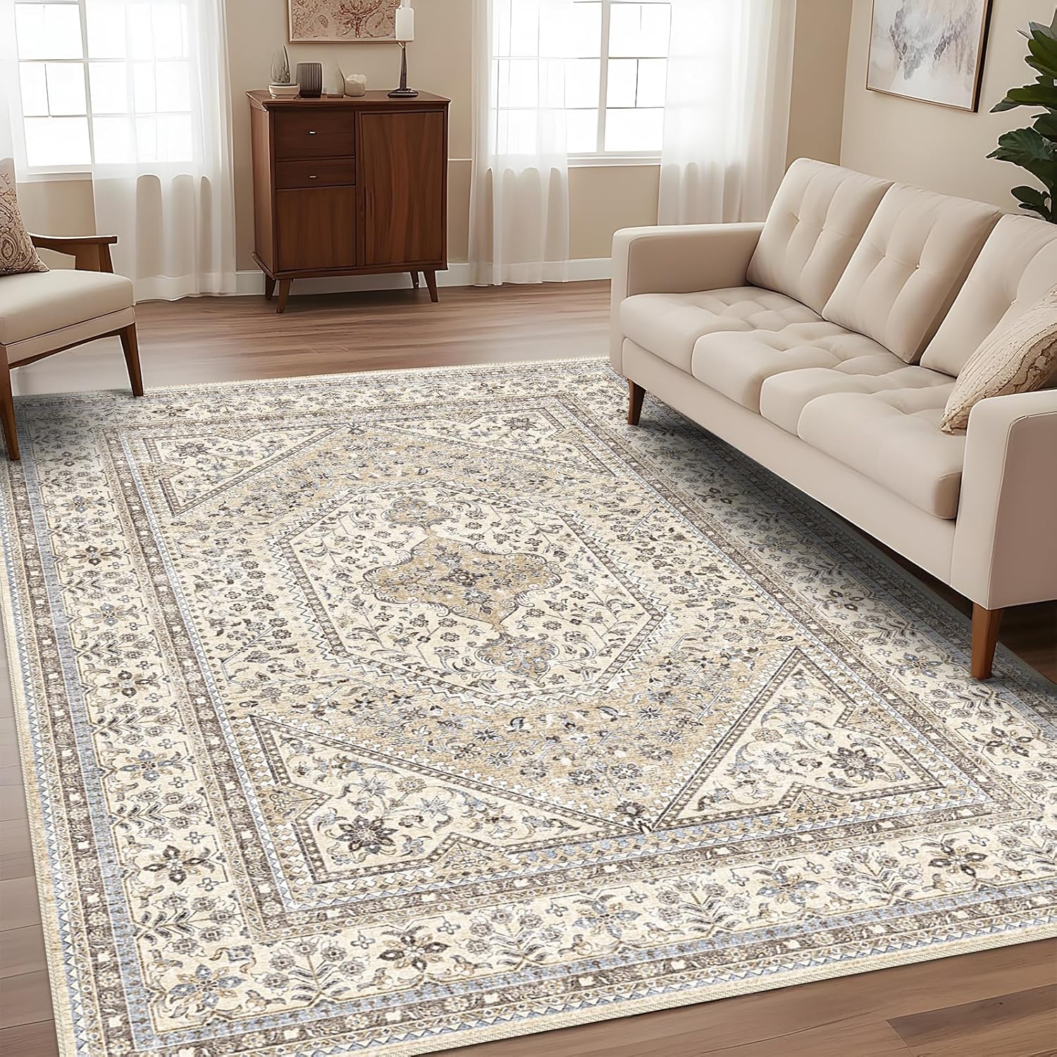 9x12 Washable Vintage Rug: Oriental Rugs for Living Room Non Slip Backing Stain Resistant Large Indoor Carpet for Bedroom Area Rug Dining Room Decor(Beige,9x12FT) Beige/Gray 9'x12'
