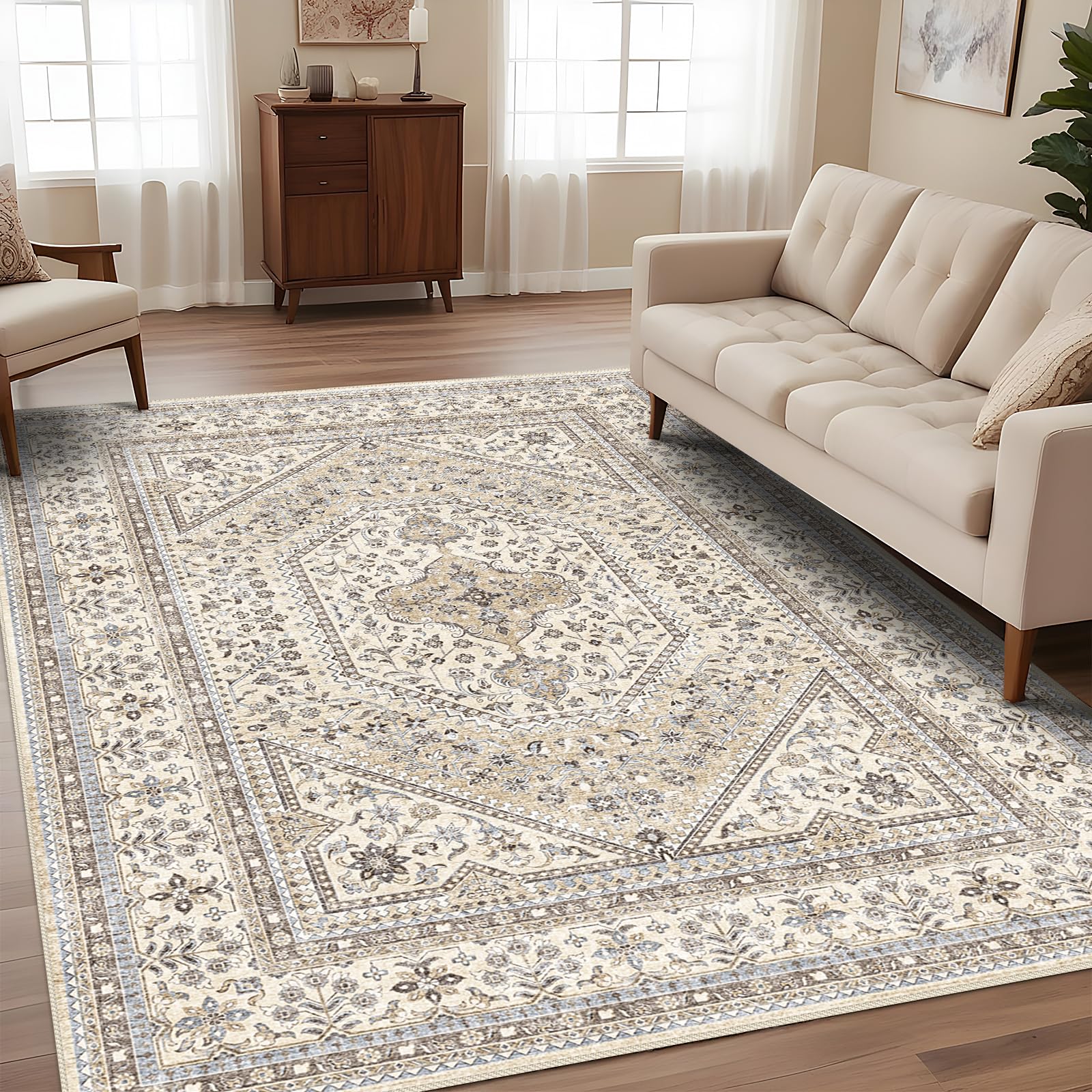 9x12 feet Washable Vintage Rug: Oriental Rugs for Living Room Non Slip Backing Stain Resistant Large Indoor Carpet for Bedroom Area Rug Dining Room Decor(Beige,9x12FT)