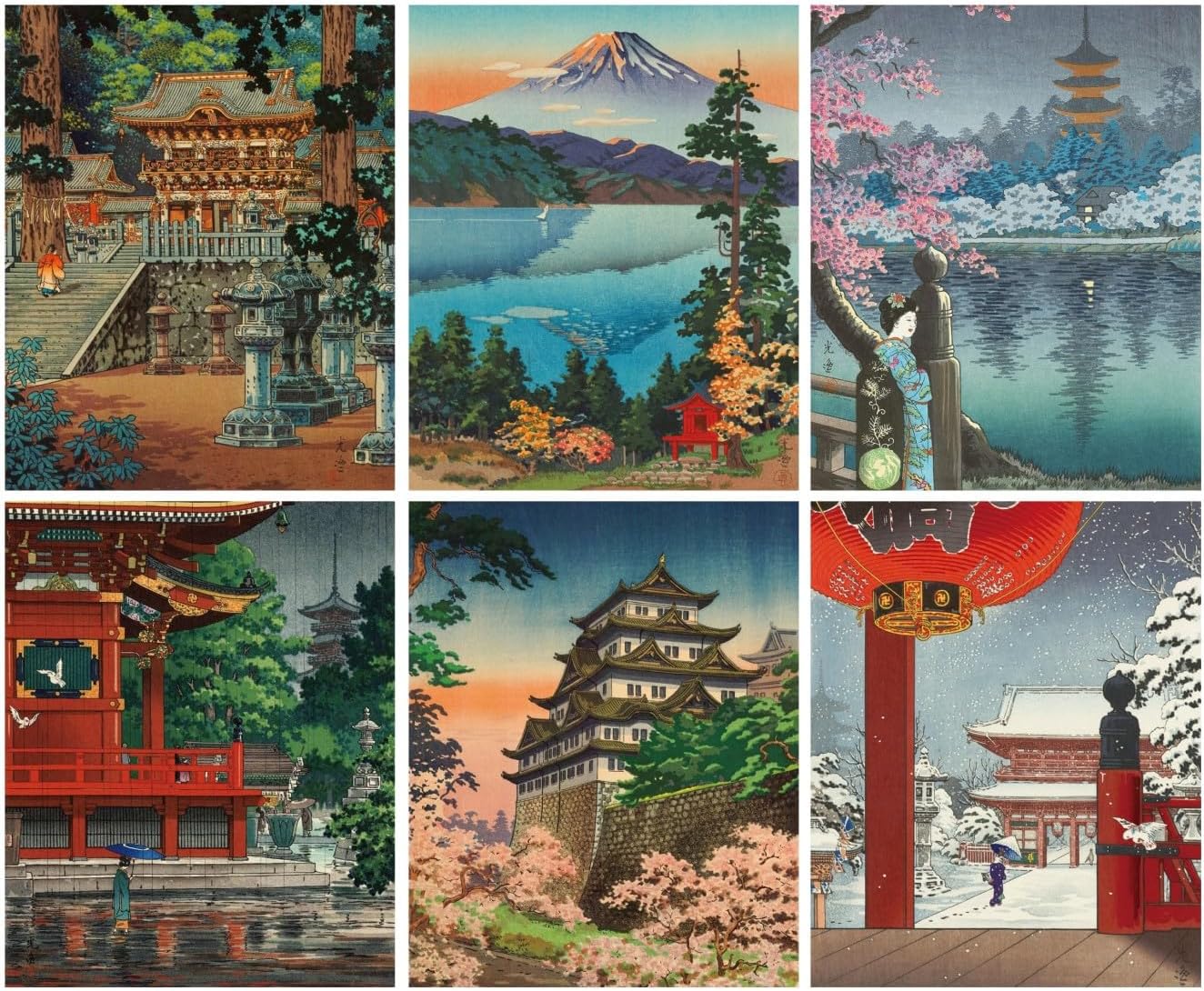 MINI ZOZI Arte de pared japonés para decoración de habitación de 8 x 10 pulgadas, 6 piezas, lienzo tradicional de Tsuchiya Koitsu, pinturas Ukiyoe,