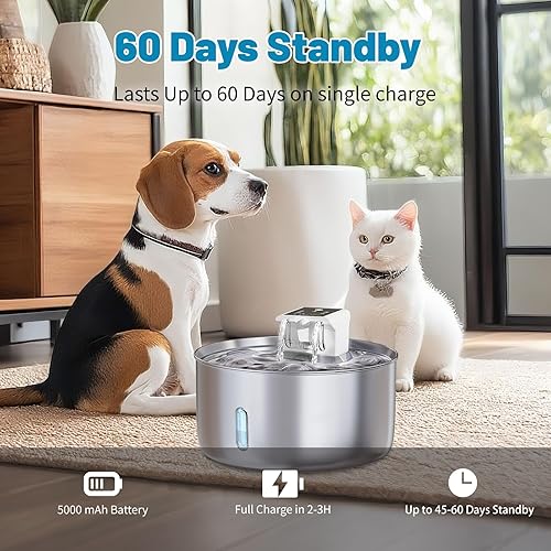 Miniatura 5 de Fuente de agua automática inalámbrica para mascotas, cuenco de agua lenta de 7 l236 onzas para gatos y perros, dispensador de acero inoxidable con