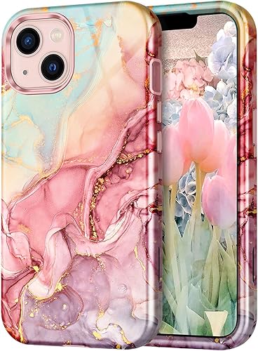 CASEFIV Funda compatible con iPhone 13, patrón de mármol 3 en 1, resistente a prueba de golpes, cuerpo completo, policarbonato duro y suave