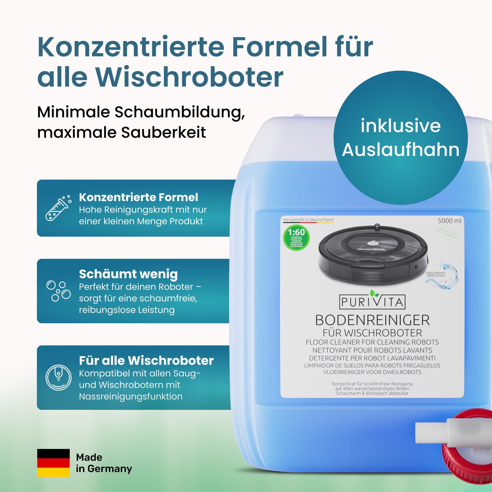 PURIVITA® Wischroboter Bodenreiniger Reinigungsmittel Konzentrat, 5L | Streifenfrei, schnell trocknend und ergiebig, auch für Nasssauger, Saugwischer und Waschsauger