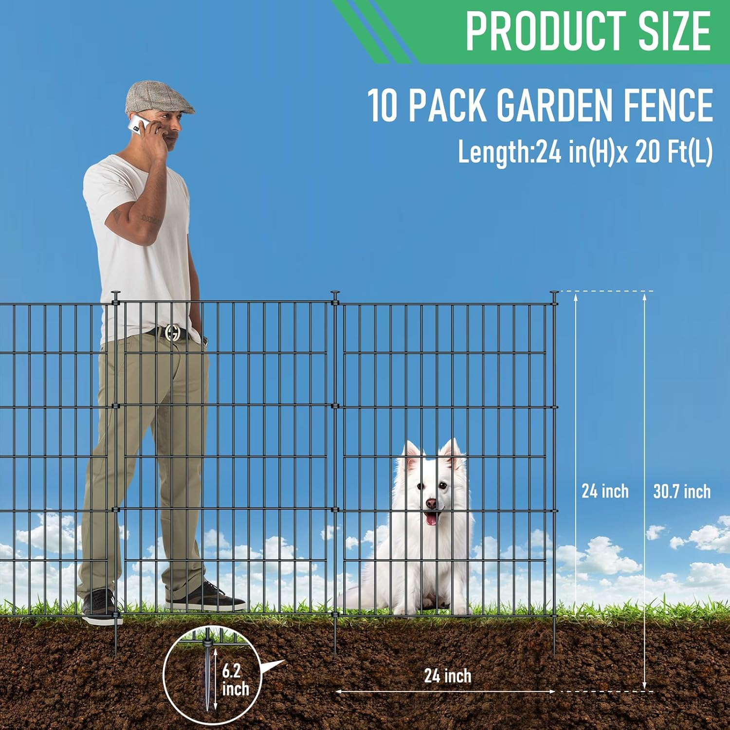 10 Panels Garden Fence Dog Fence Outdoor for Yard,24in H x 20ft L Rustproof Metal Fencing with Ground Stakes|No Dig Temporary Animal Proof Containment for Pets/Rabbits|Durable Patio Security Panels