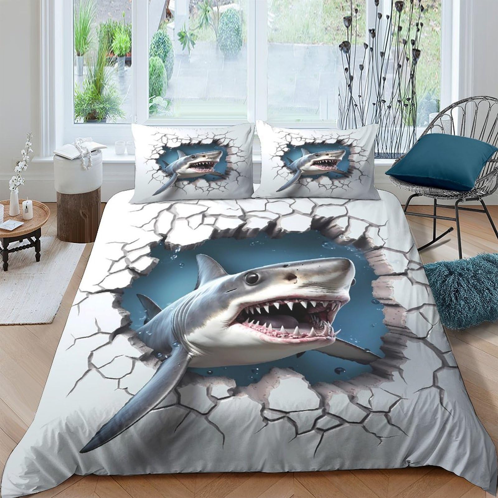 Ctjqhvkz Style-1 3D Printed Shark Attack Fitted Sheet Microfiber Soft Bedroom Decor Ocean Cracked Wall Bed Cover For All Ages Single（135X200cm）