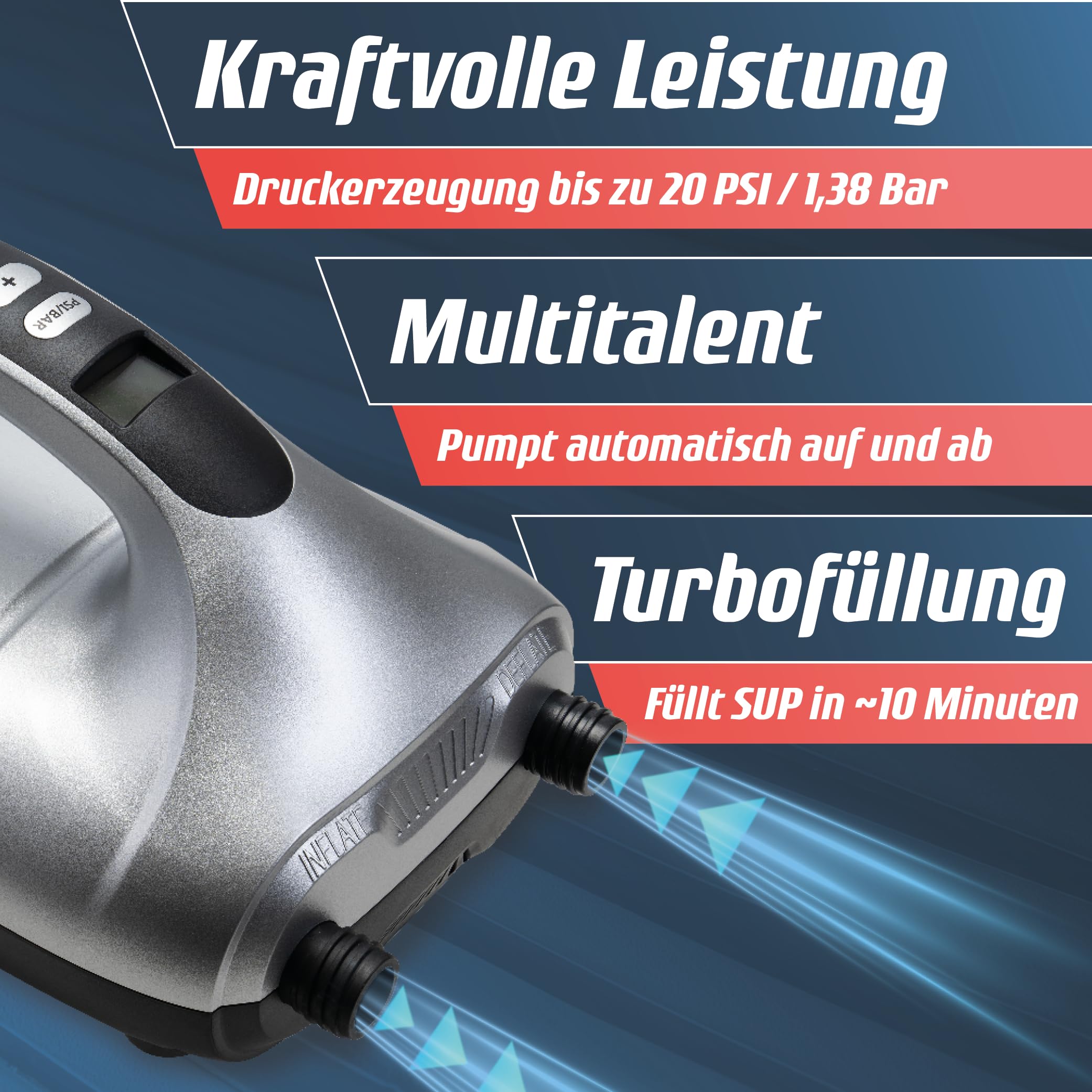 Fitleap SUP Pumpe elektrisch 20 PSI, pumpt das Board in wenigen Minuten auf | Zieldruck am LCD-Display genau einstellbar. Die Abschaltautomatik verhindert Überfüllung und Schäden an Ihrem Equipment