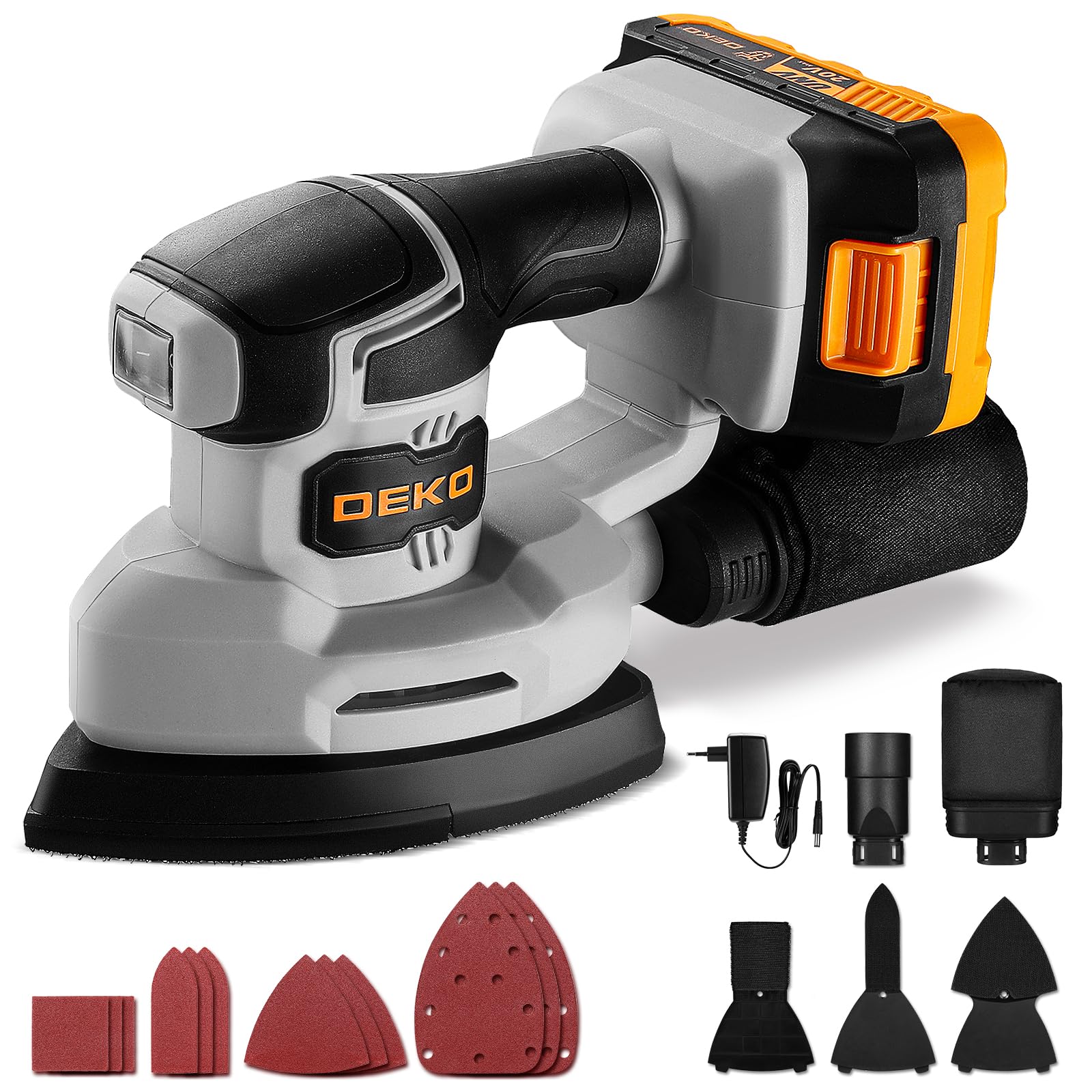 Levigatrice Mouse per Legno: DEKOPRO 20V Multifunzione Levigatrice Palmare con Batteria 13000 RPM, 3 Accessori Aggiuntivi 12PCS Carte Vetrata - per Levigare Lucidare e Rimuovere in Falegnameria e DIY
