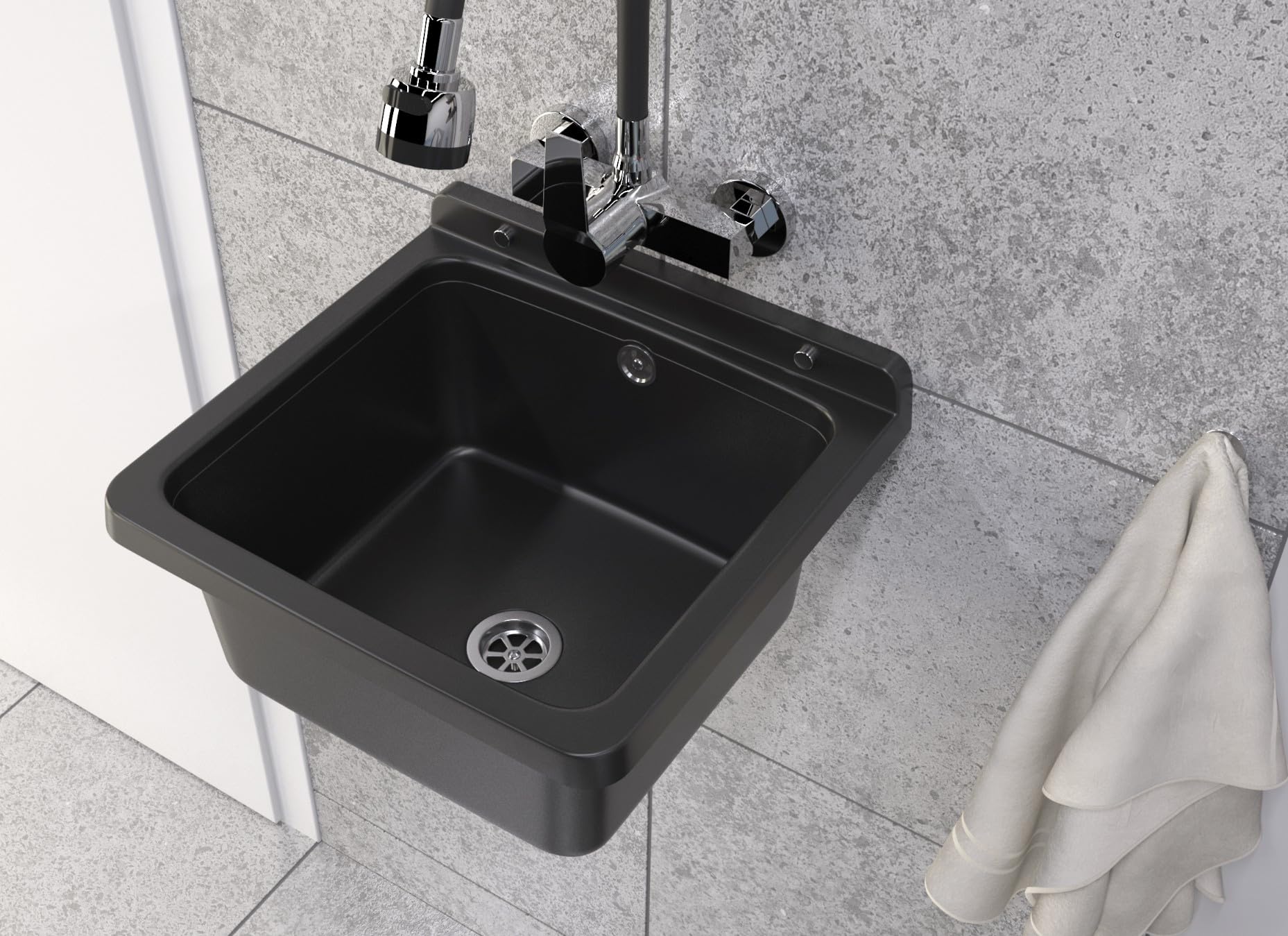 Granitan Lavabo universel pour garage, cave, atelier et buanderie, avec siphon, lavabo mural pour installation intérieure et extérieure, 40 x 38 x 22,8 cm, noir